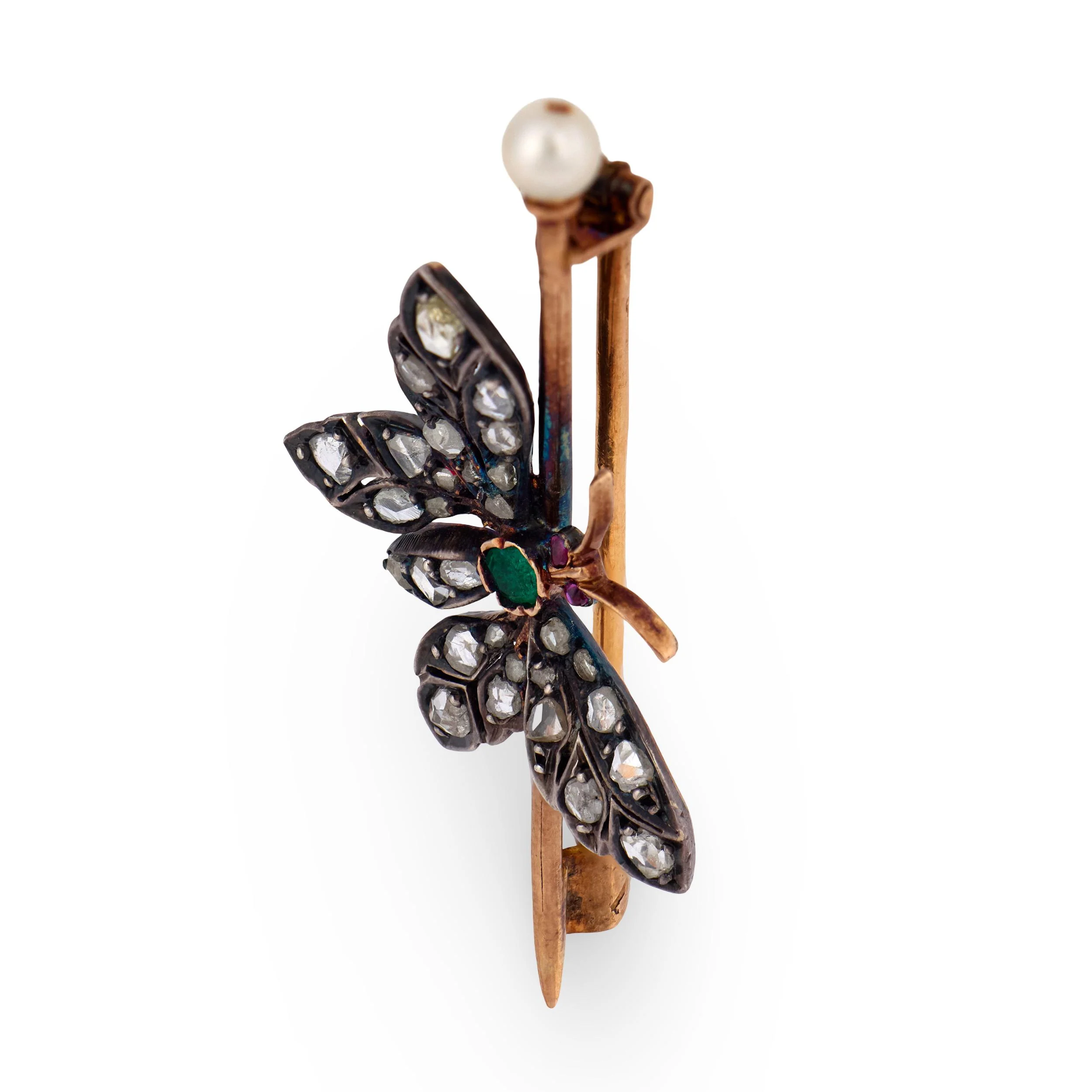 Victorian French 18k/ Silver Diamond, Emerald, Ruby, & Pearl Buttferly Pin - Image 2