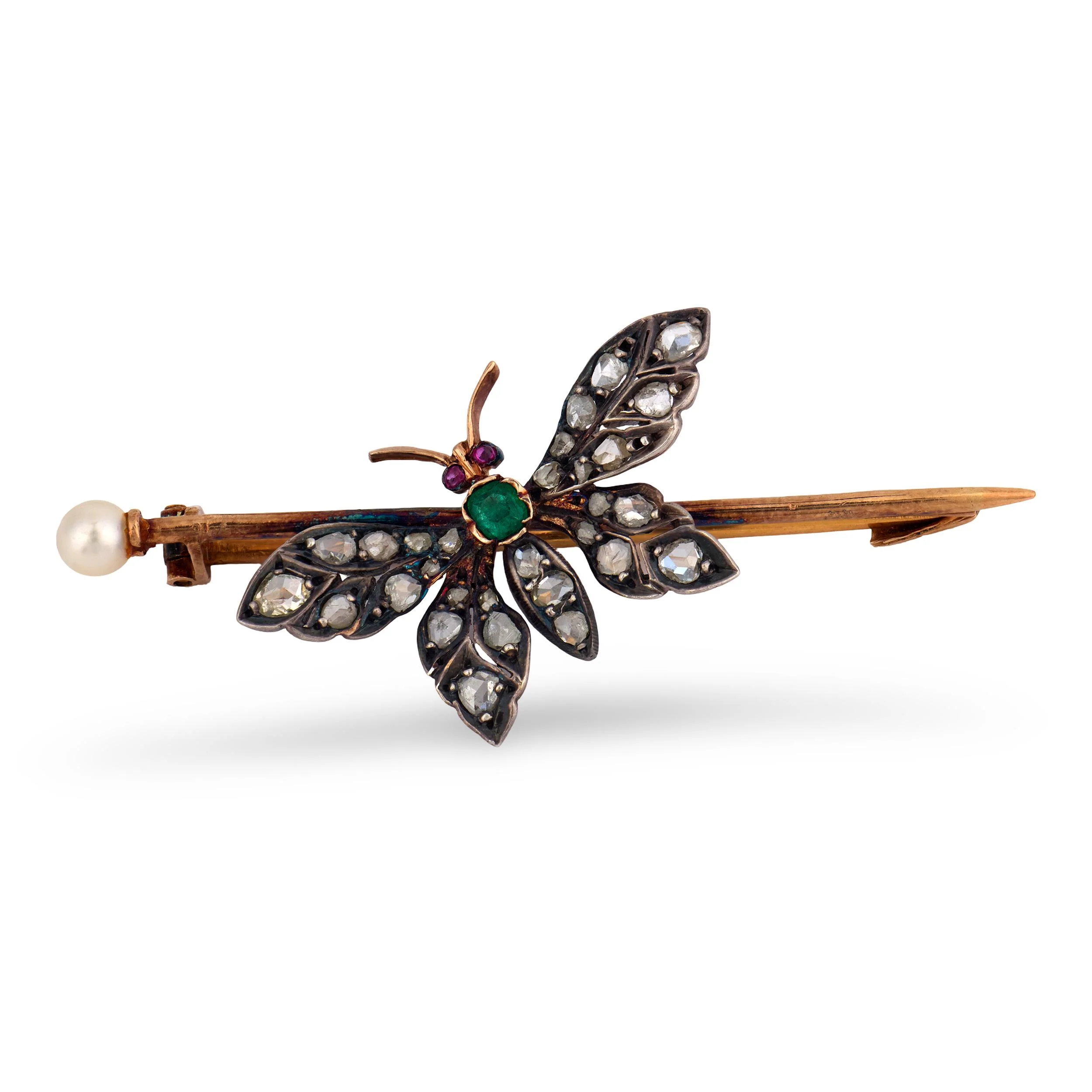 Victorian French 18k/ Silver Diamond, Emerald, Ruby, & Pearl Buttferly Pin - Image 4