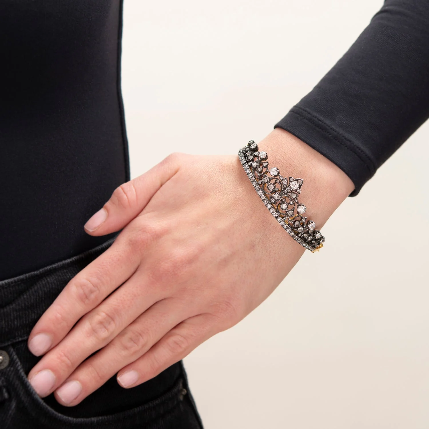 Victorian French 18k/Sterling Mine + Rose Cut Diamond Convertible Tiara Bracelet - Image 9