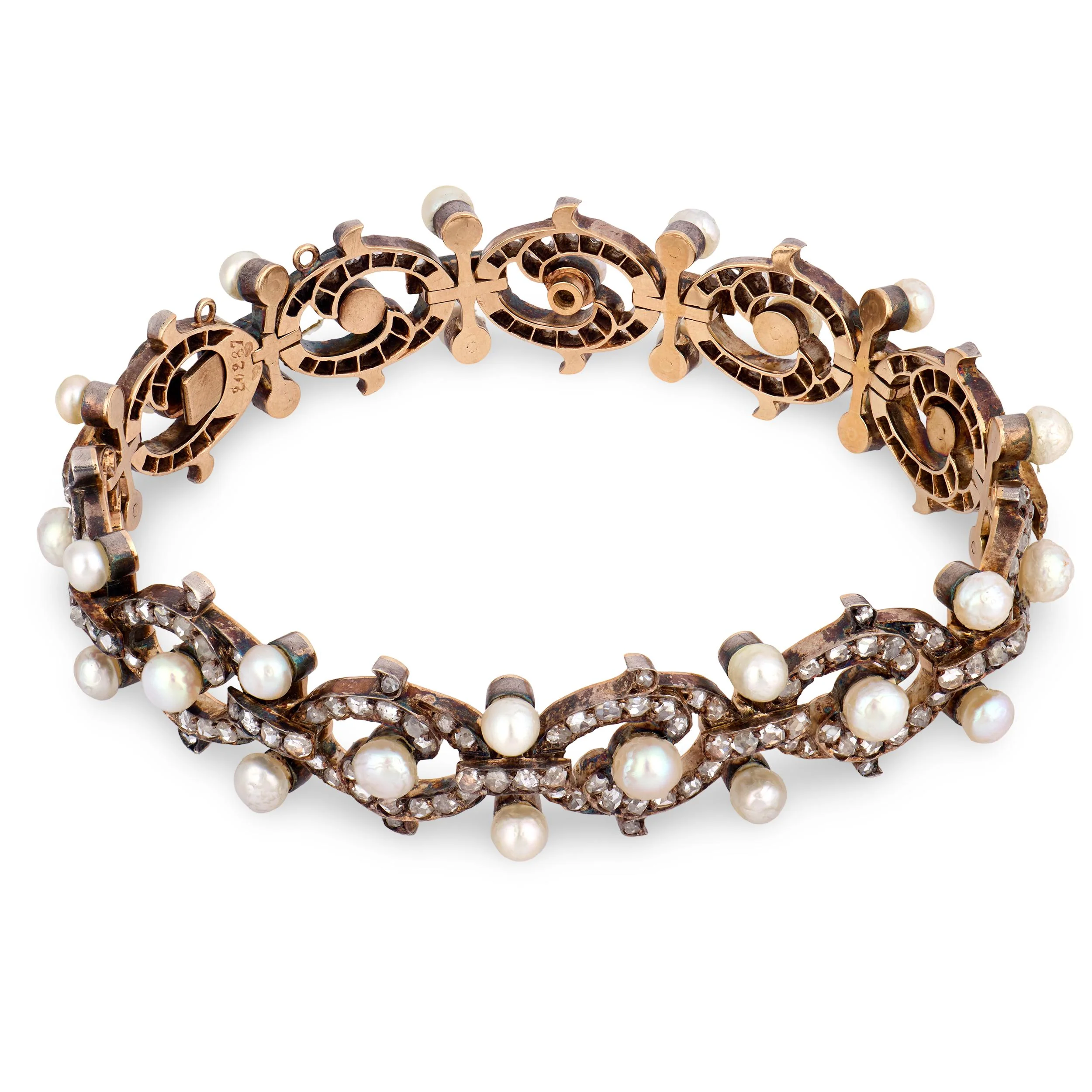 Victorian French 18k/Sterling Silver Diamond & Pearl Bracelet