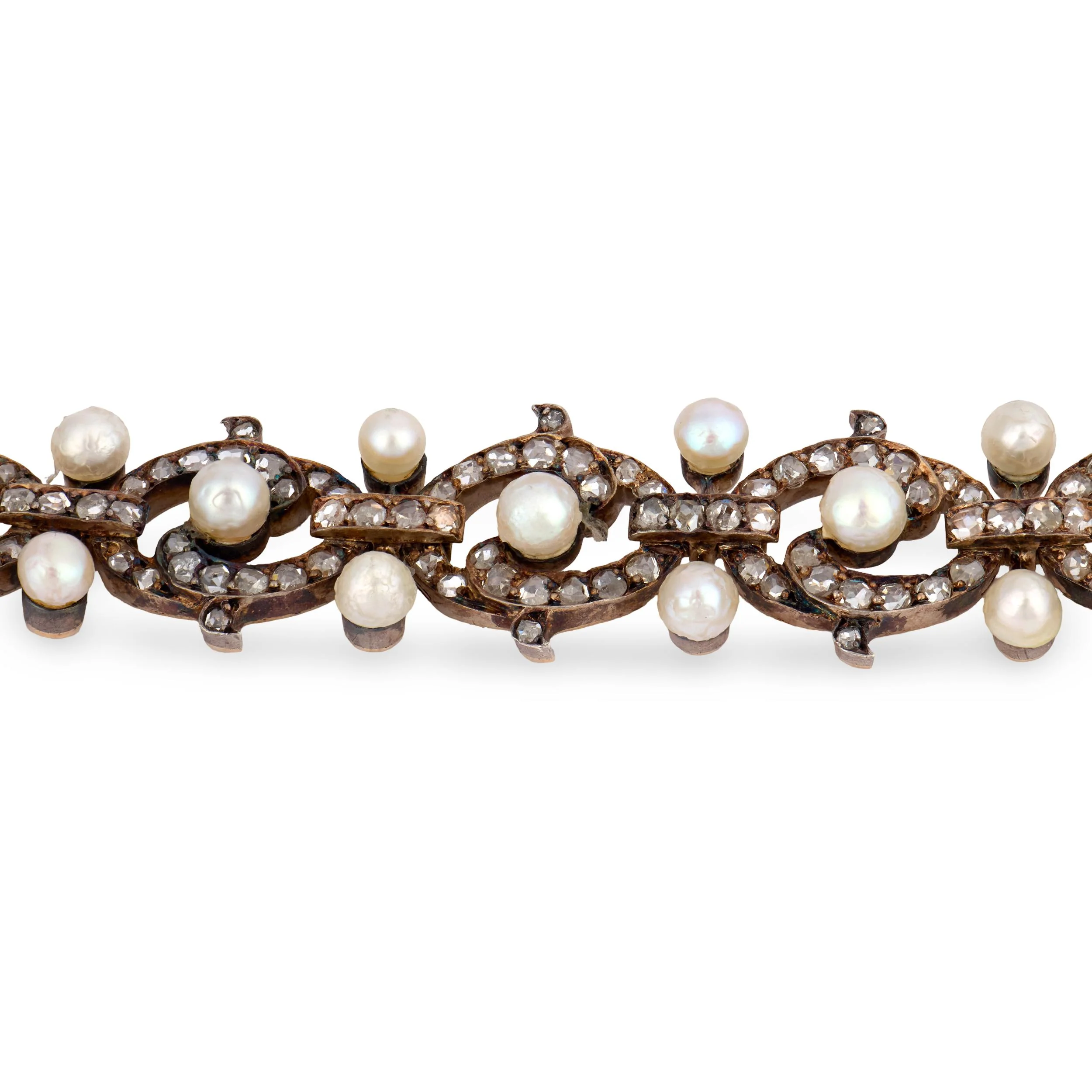 Victorian French 18k/Sterling Silver Diamond & Pearl Bracelet - Image 2
