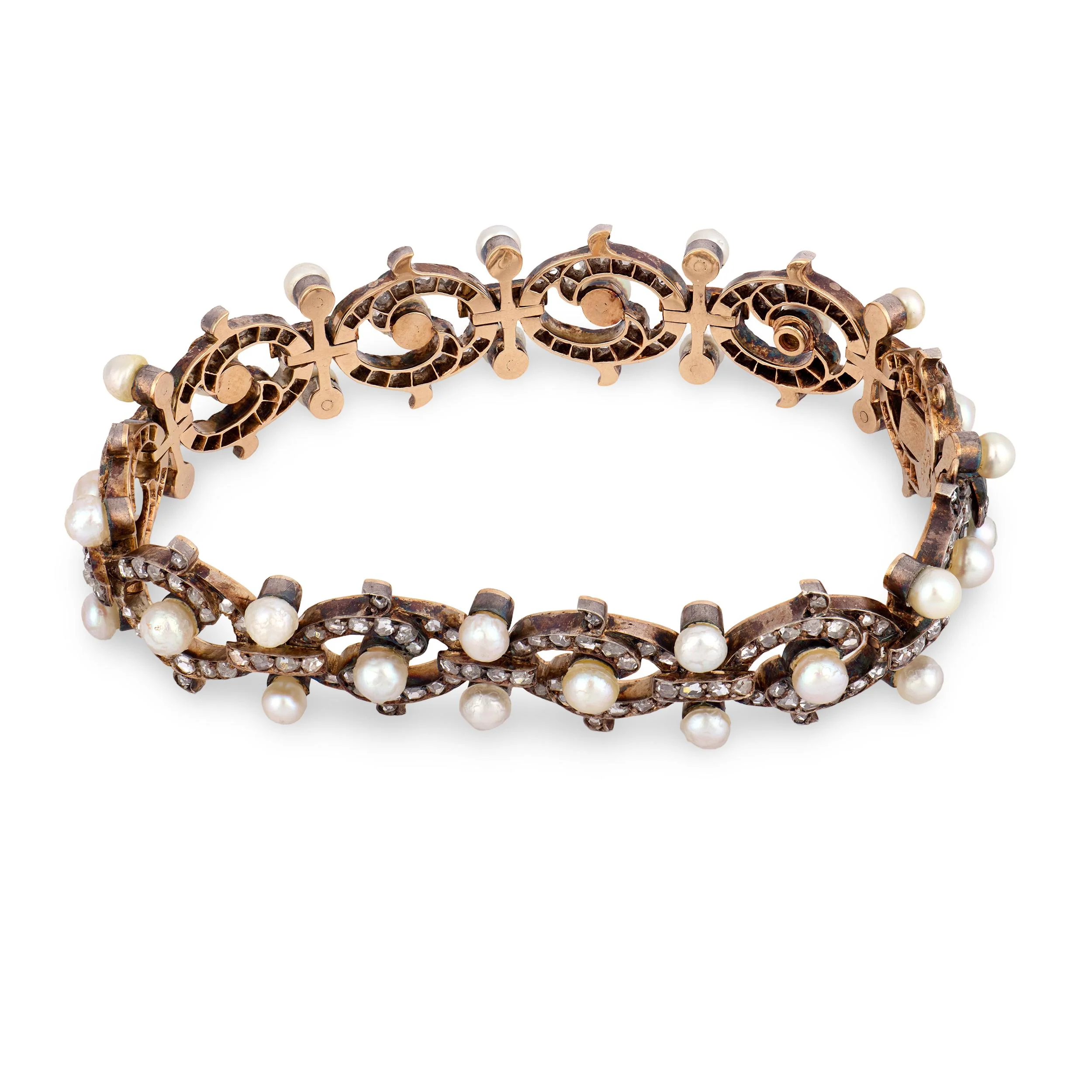 Victorian French 18k/Sterling Silver Diamond & Pearl Bracelet - Image 4