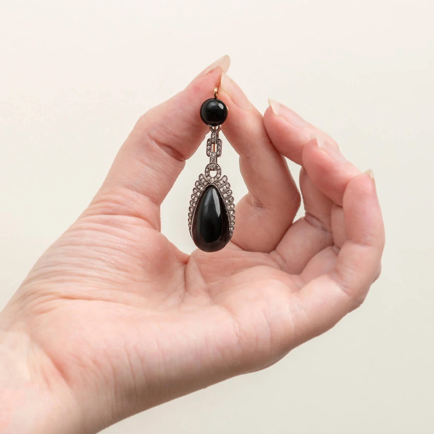 Victorian French 18kt/Sterling, Diamond + Onyx Day-to-Night Earrings/Locket Pendant Set - Image 9