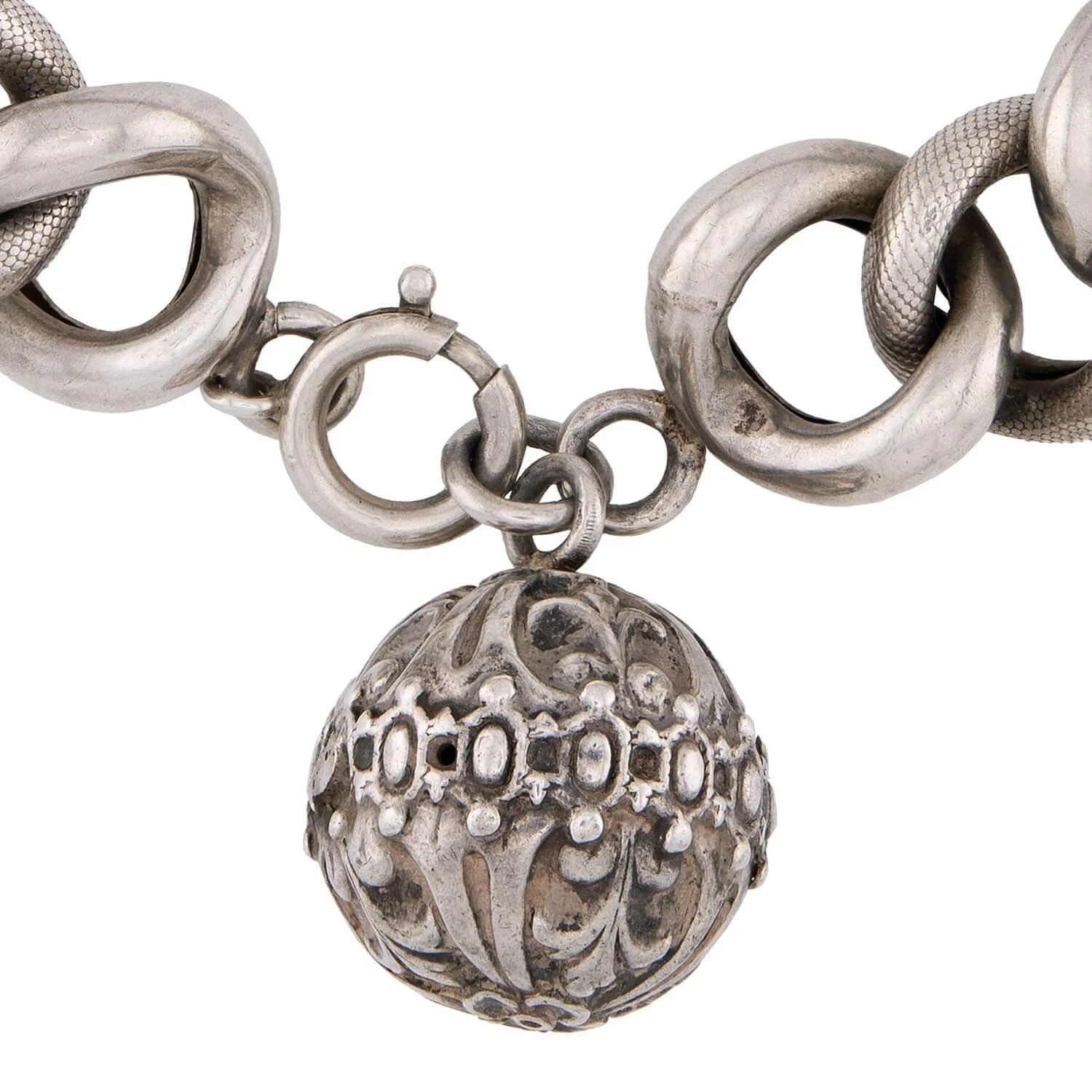 Victorian French Sterling Silver Curb Link & Repoussé Ball Charm Bracelet - Image 2