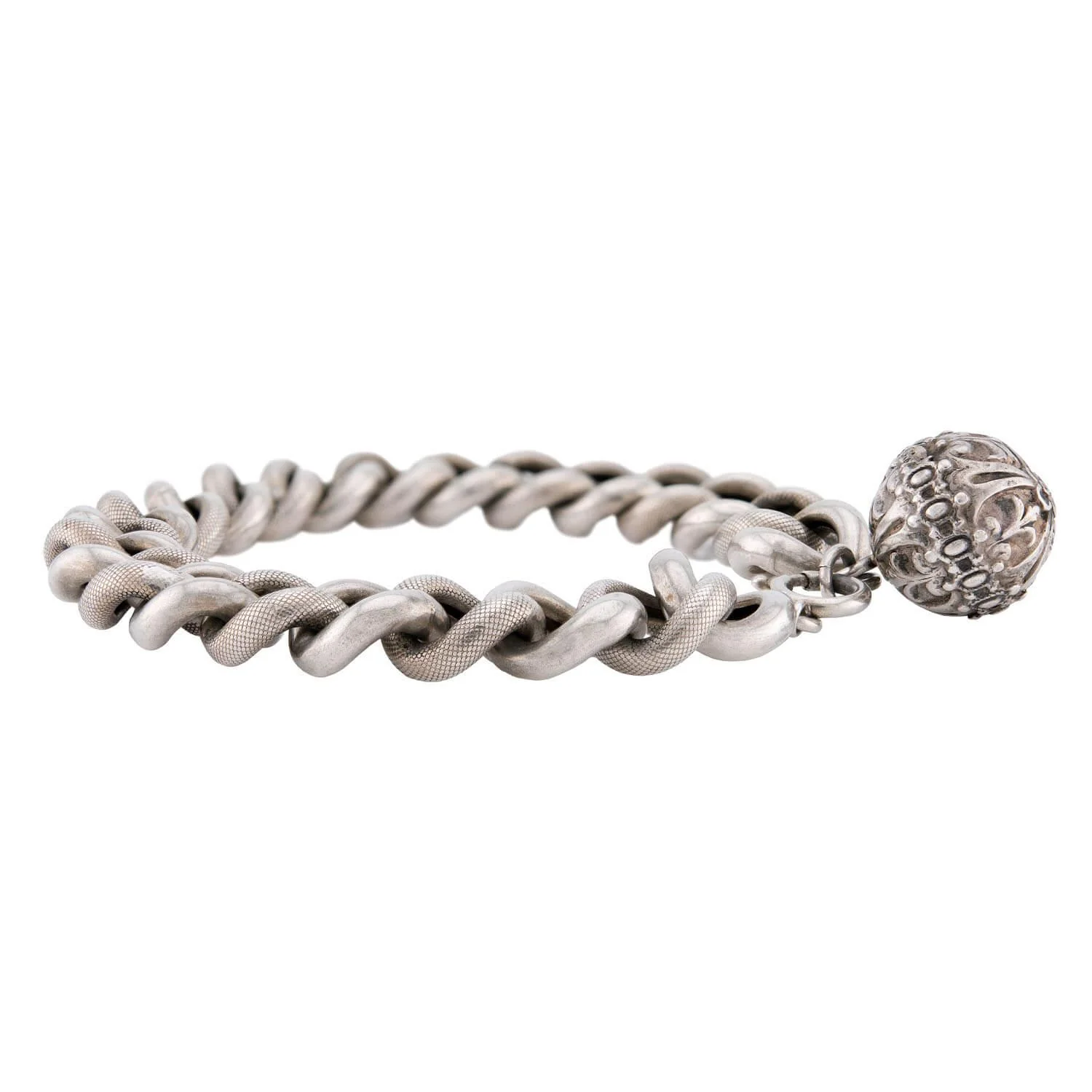 Victorian French Sterling Silver Curb Link & Repoussé Ball Charm Bracelet - Image 3