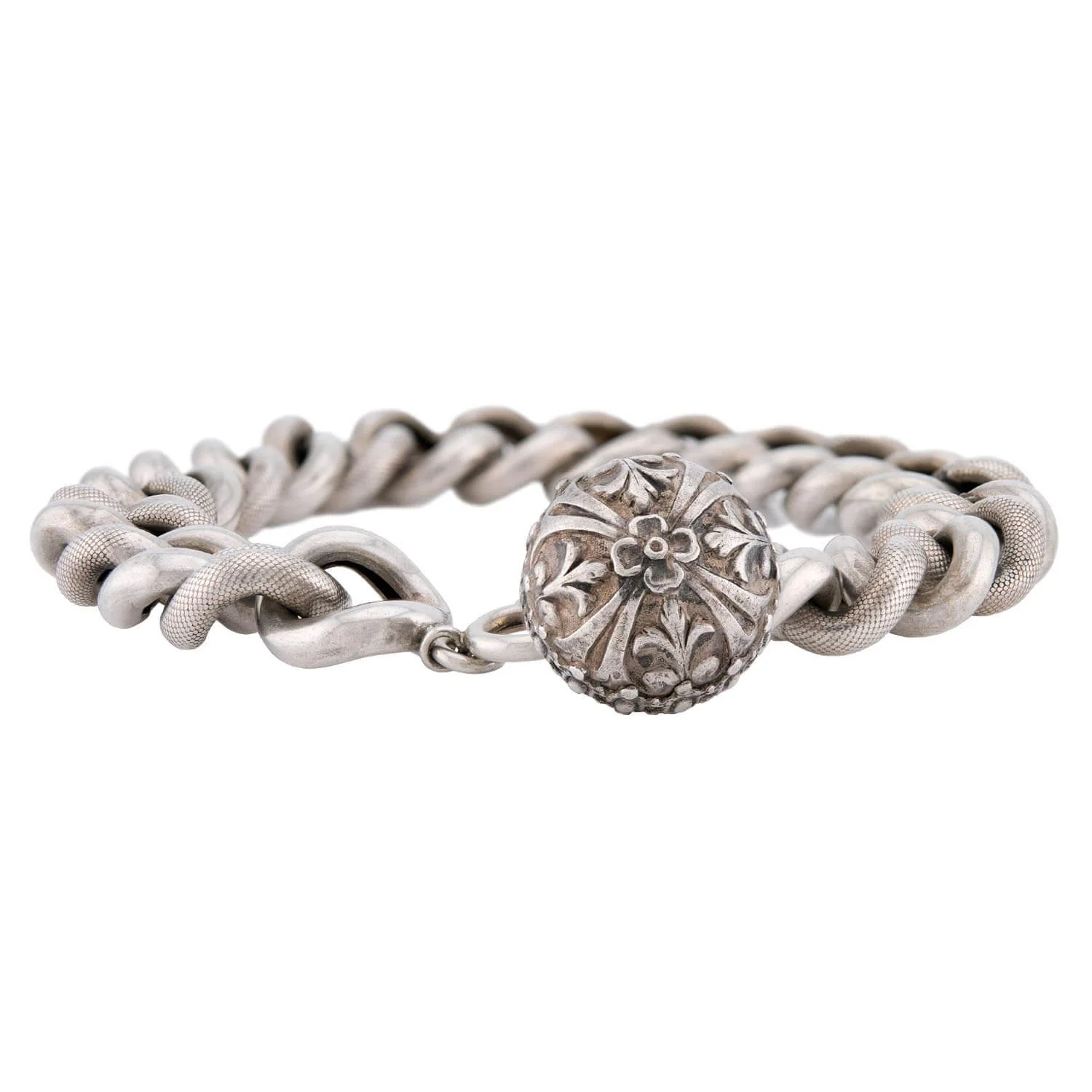 Victorian French Sterling Silver Curb Link & Repoussé Ball Charm Bracelet - Image 4