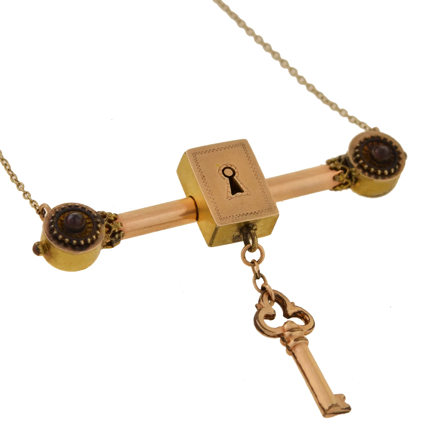 Victorian Gold-Filled Garnet Padlock + Key Necklace 16" - Image 3