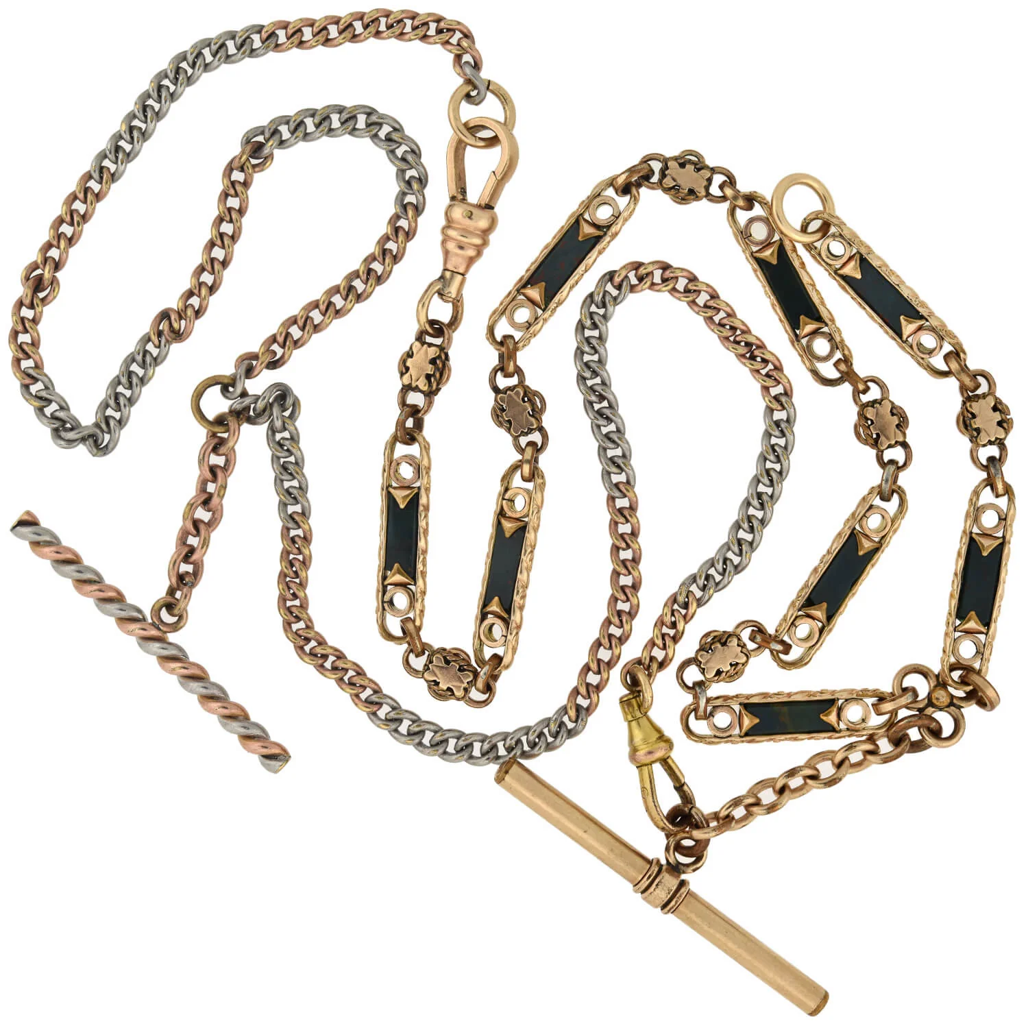Victorian Gold-Filled Inlaid Bloodstone + Tri-Tone Watch Chain Compilation Necklace 28" - Image 2