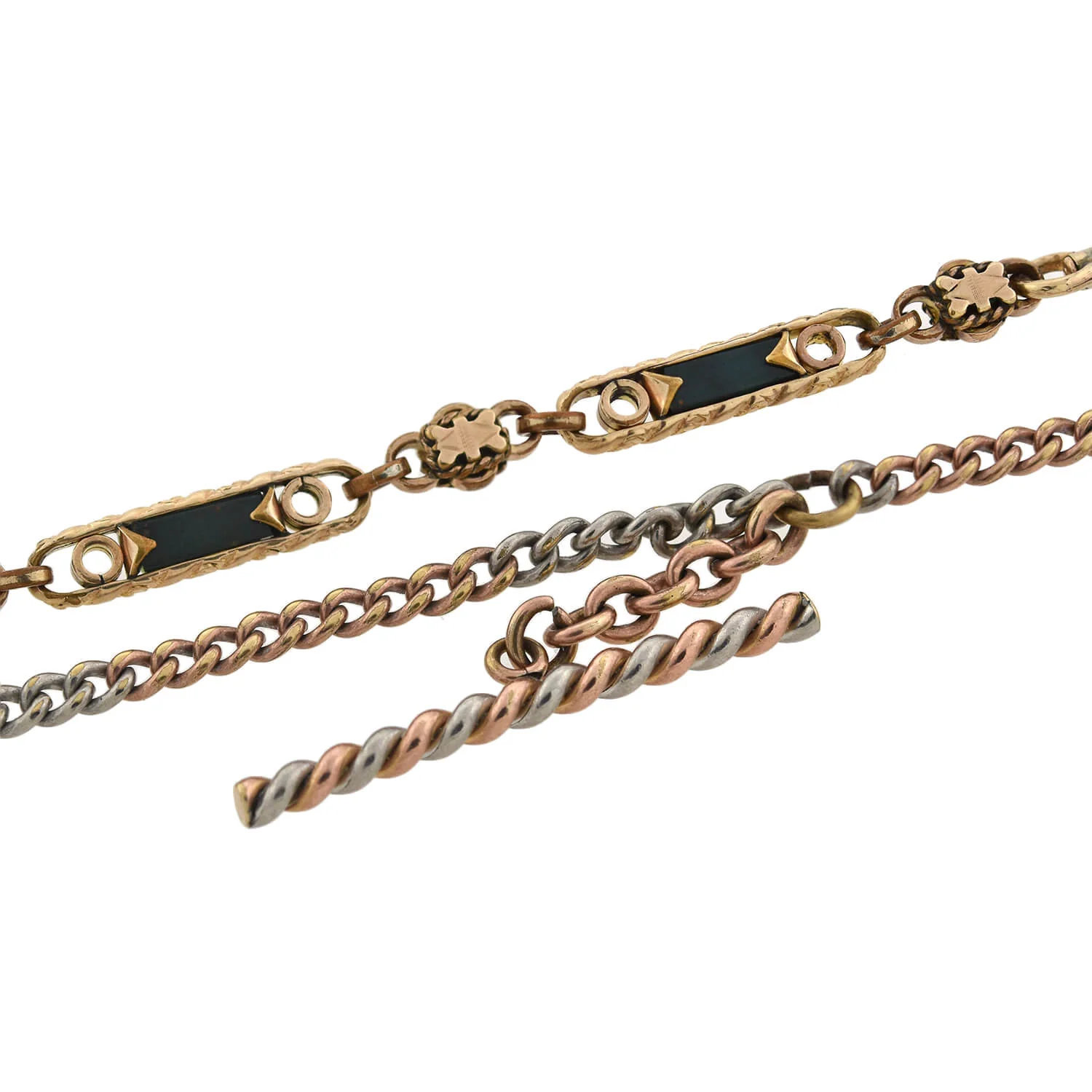 Victorian Gold-Filled Inlaid Bloodstone + Tri-Tone Watch Chain Compilation Necklace 28" - Image 3