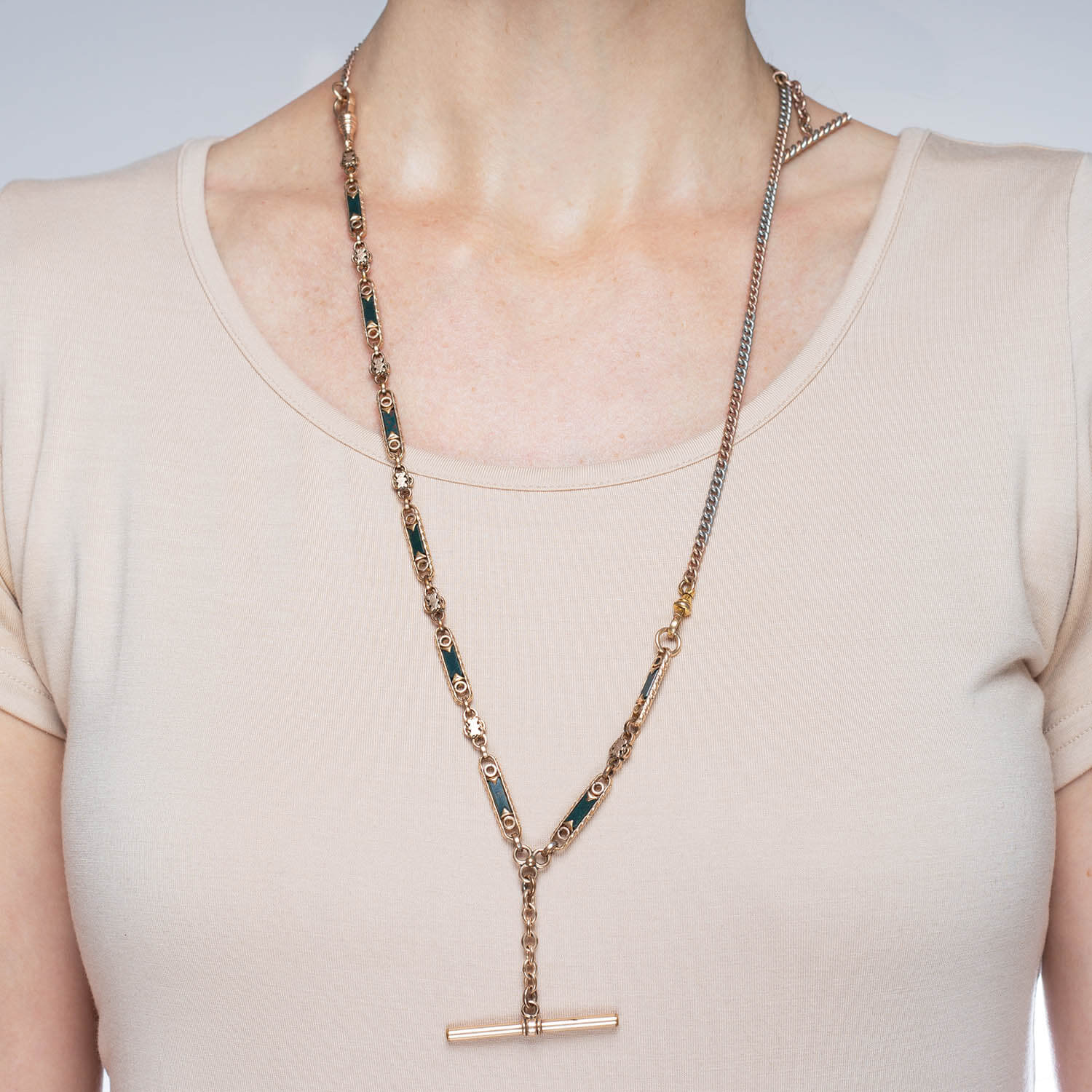 Victorian Gold-Filled Inlaid Bloodstone + Tri-Tone Watch Chain Compilation Necklace 28" - Image 6
