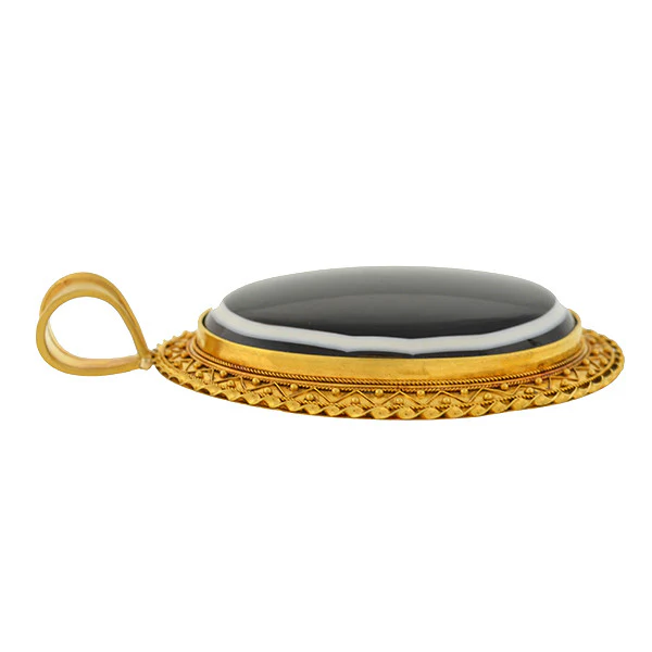 Victorian Huge 15kt Etruscan Banded Agate Pendant - Image 4