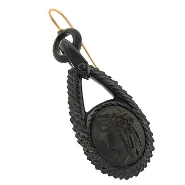 Victorian Large 14kt & Carved Jet Cameo Earrings - Image 2