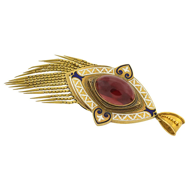 Victorian Large 15kt Garnet & Enamel Foxtail Fringe Pendant - Image 3