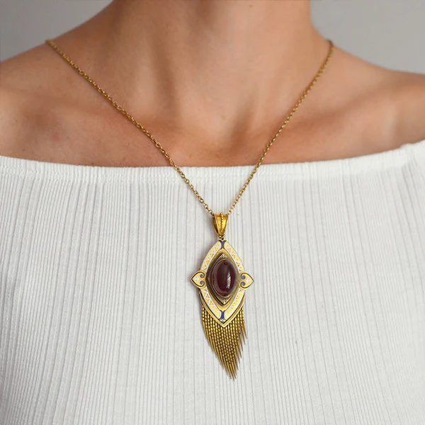 Victorian Large 15kt Garnet & Enamel Foxtail Fringe Pendant - Image 6