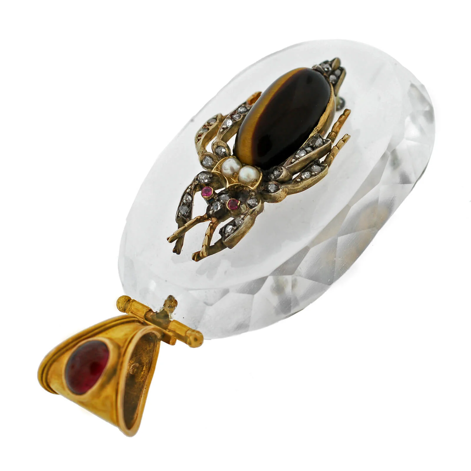 Victorian Large 18kt Rock Crystal, Diamond, Garnet + Tiger Eye Bug Pendant - Image 4