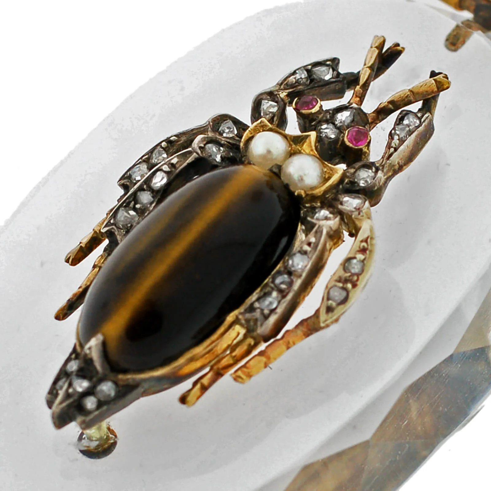 Victorian Large 18kt Rock Crystal, Diamond, Garnet + Tiger Eye Bug Pendant - Image 5