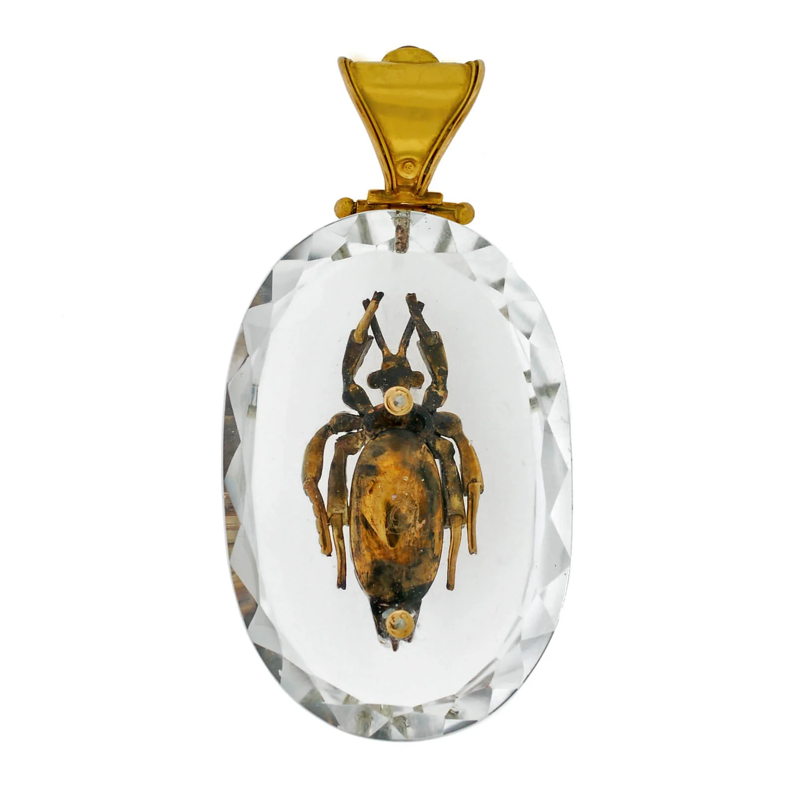 Victorian Large 18kt Rock Crystal, Diamond, Garnet + Tiger Eye Bug Pendant - Image 6