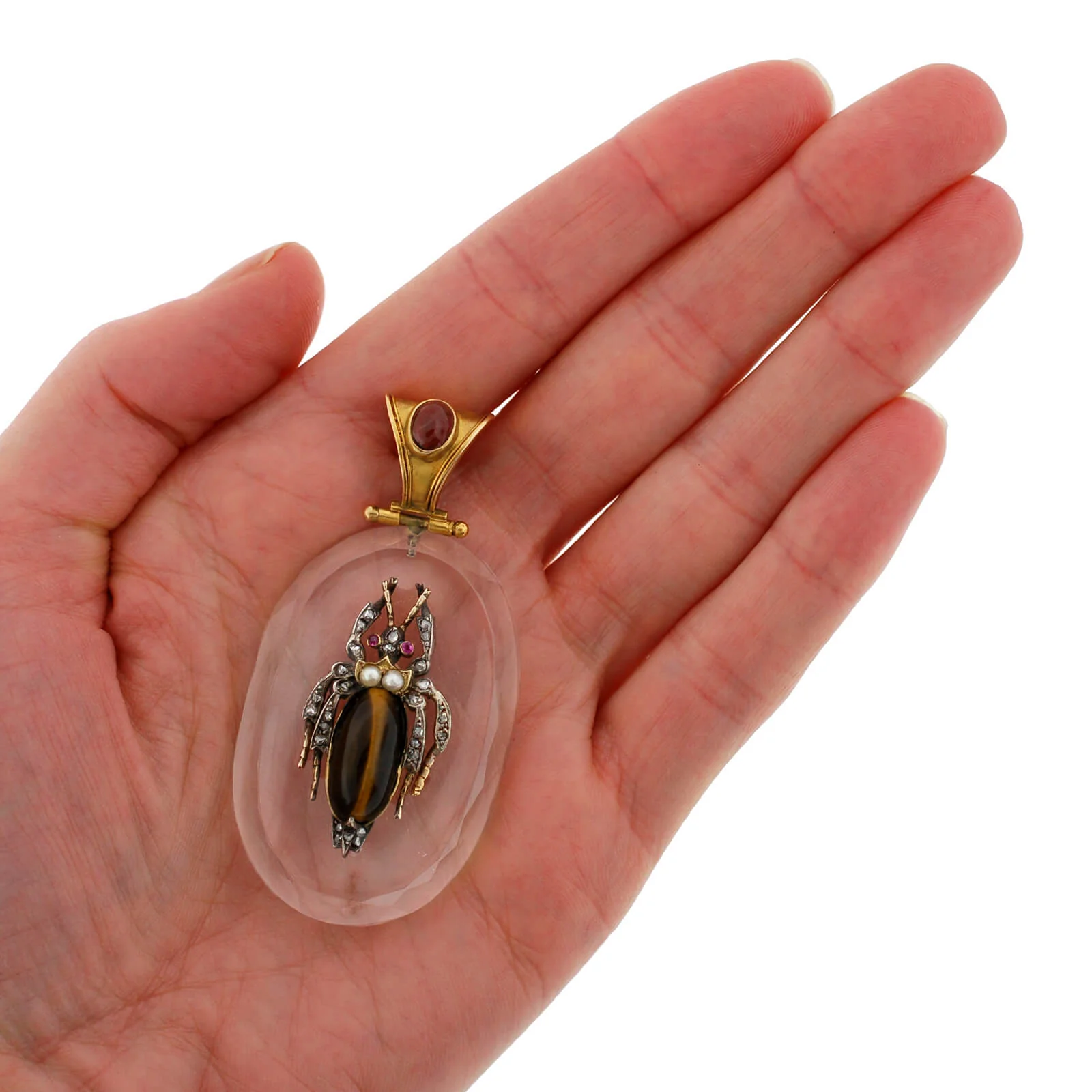 Victorian Large 18kt Rock Crystal, Diamond, Garnet + Tiger Eye Bug Pendant - Image 8