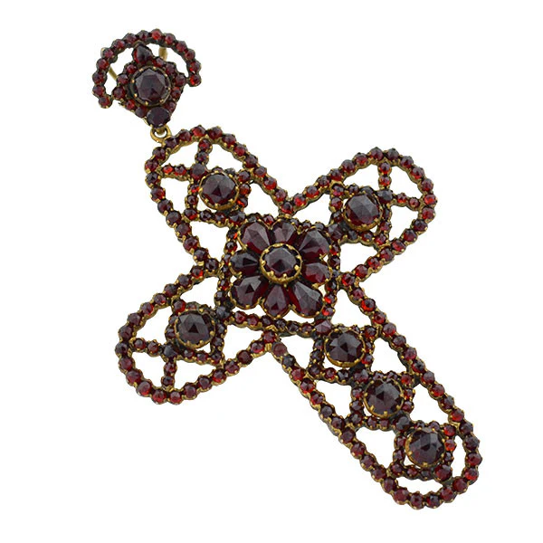 Victorian Large Brass & Bohemian Garnet Filigree Cross Pendant - Image 2