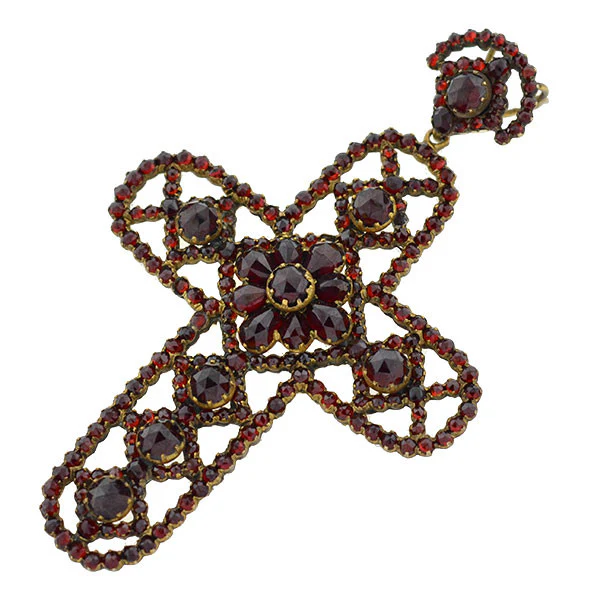 Victorian Large Brass & Bohemian Garnet Filigree Cross Pendant - Image 3