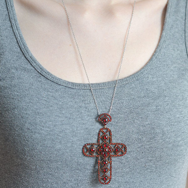 Victorian Large Brass & Bohemian Garnet Filigree Cross Pendant - Image 6