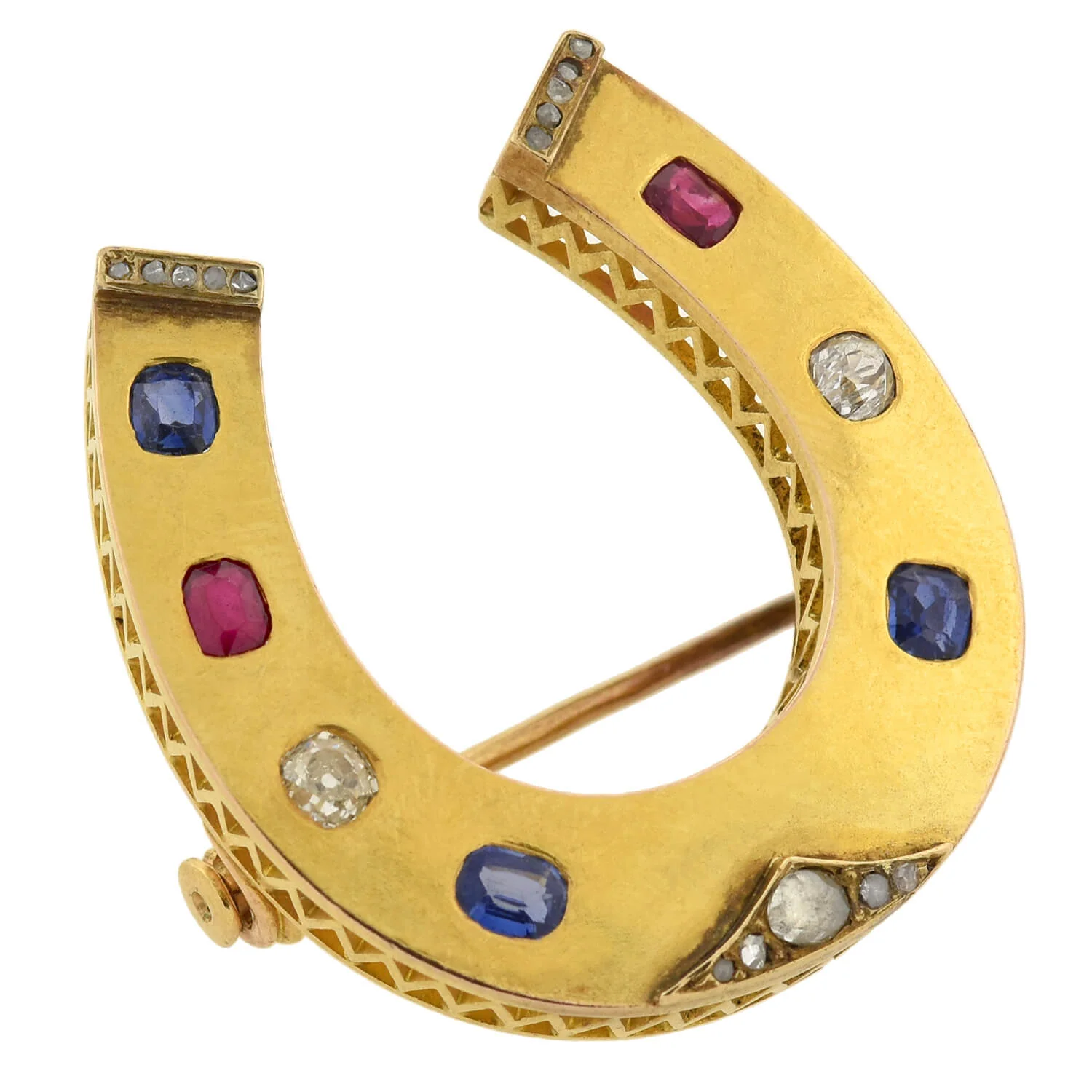 Victorian Large French 18kt Ruby, Diamond + Sapphire Horseshoe Pin - Image 2