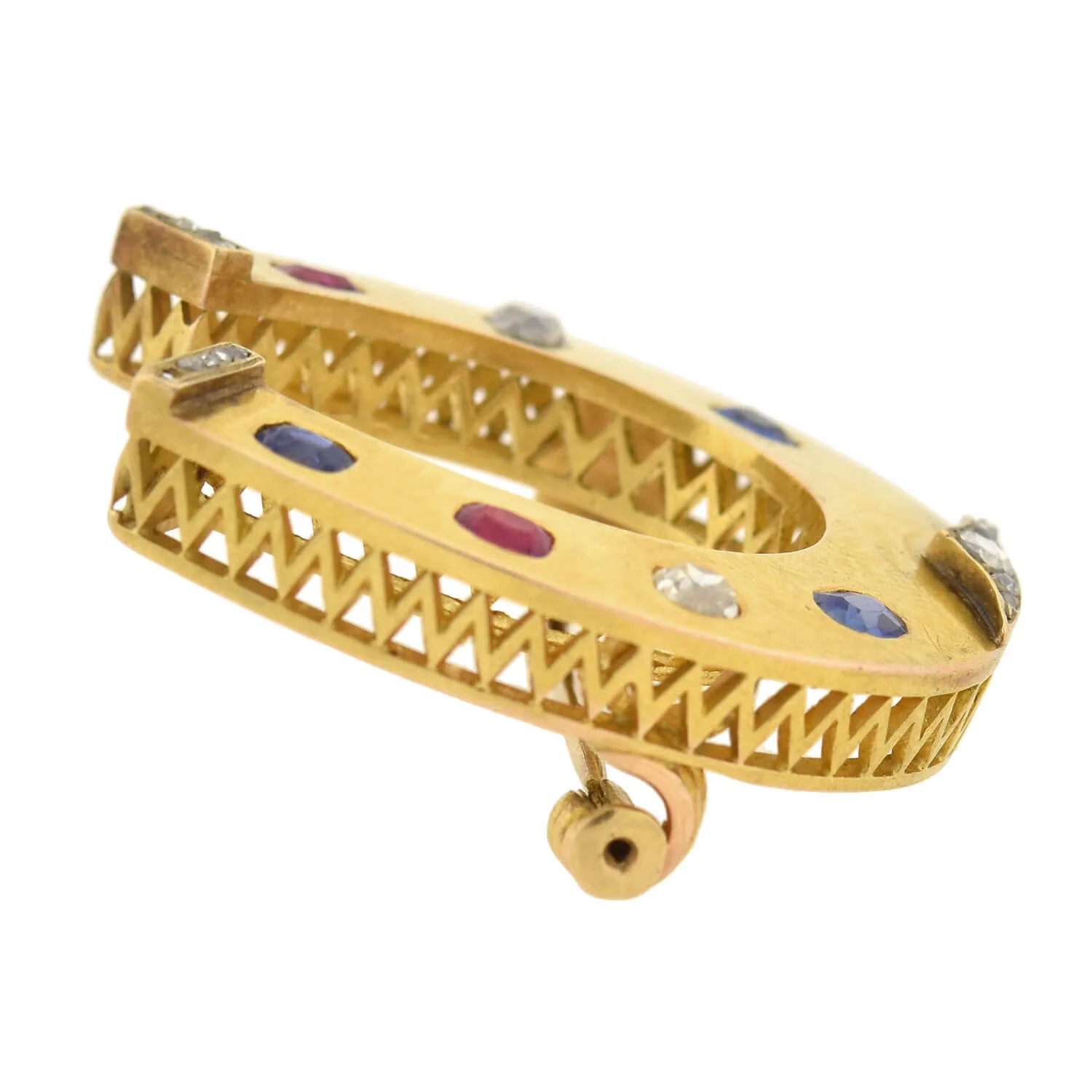 Victorian Large French 18kt Ruby, Diamond + Sapphire Horseshoe Pin - Image 3