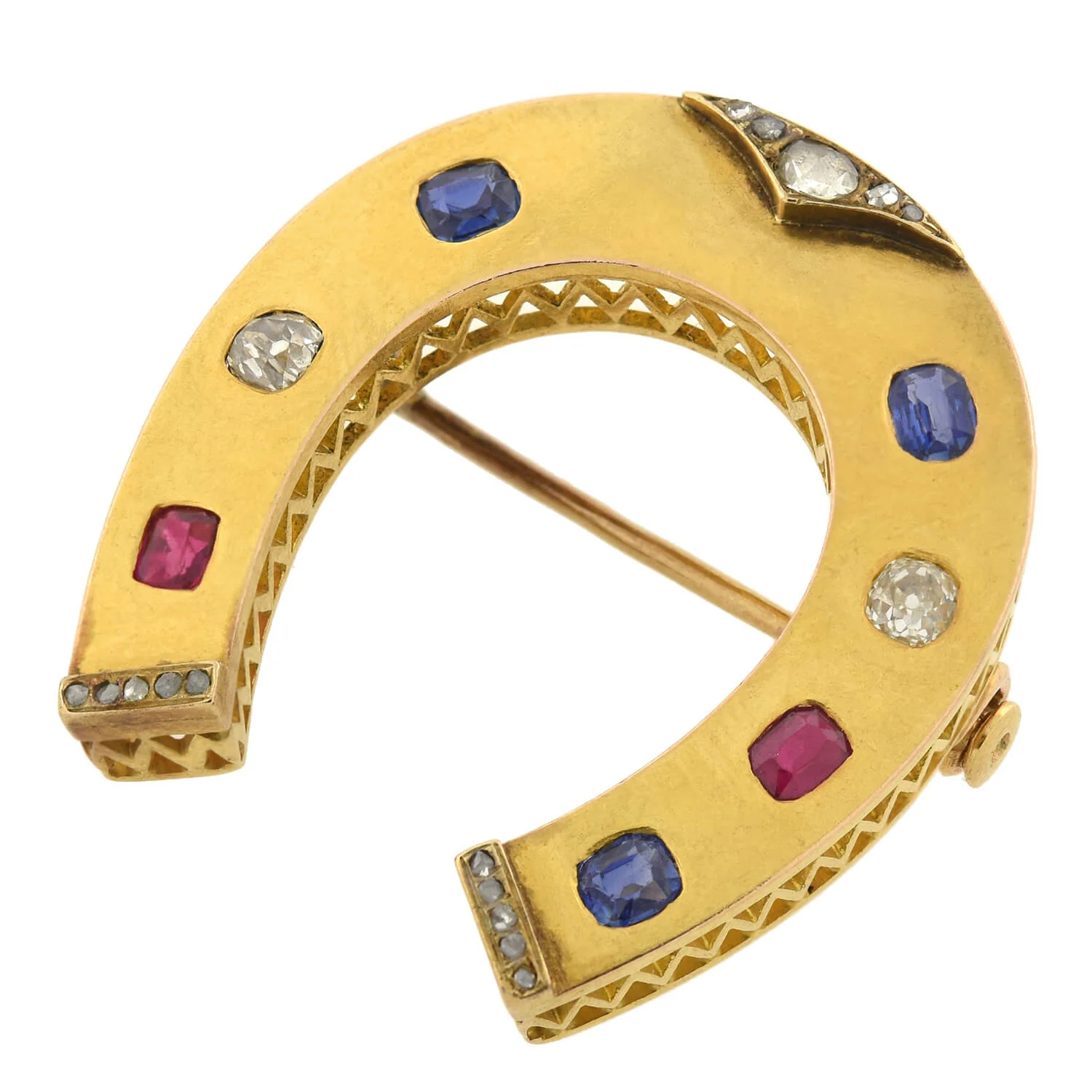 Victorian Large French 18kt Ruby, Diamond + Sapphire Horseshoe Pin - Image 4