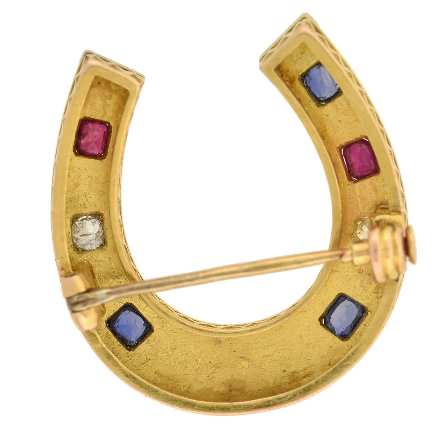 Victorian Large French 18kt Ruby, Diamond + Sapphire Horseshoe Pin - Image 5