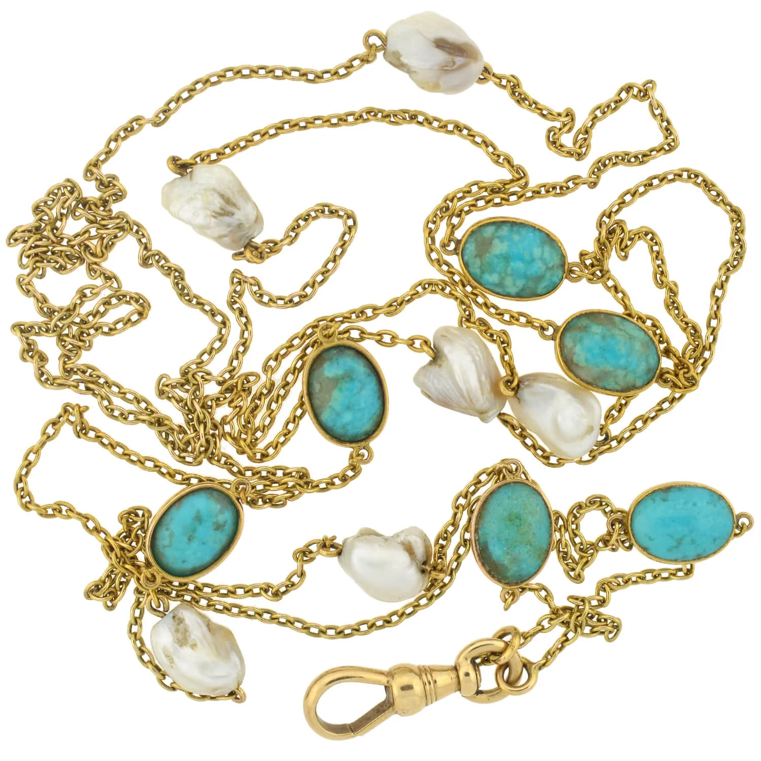 Victorian Long 14kt Turquoise + Mississippi River Pearl Chain Necklace 48" - Image 2
