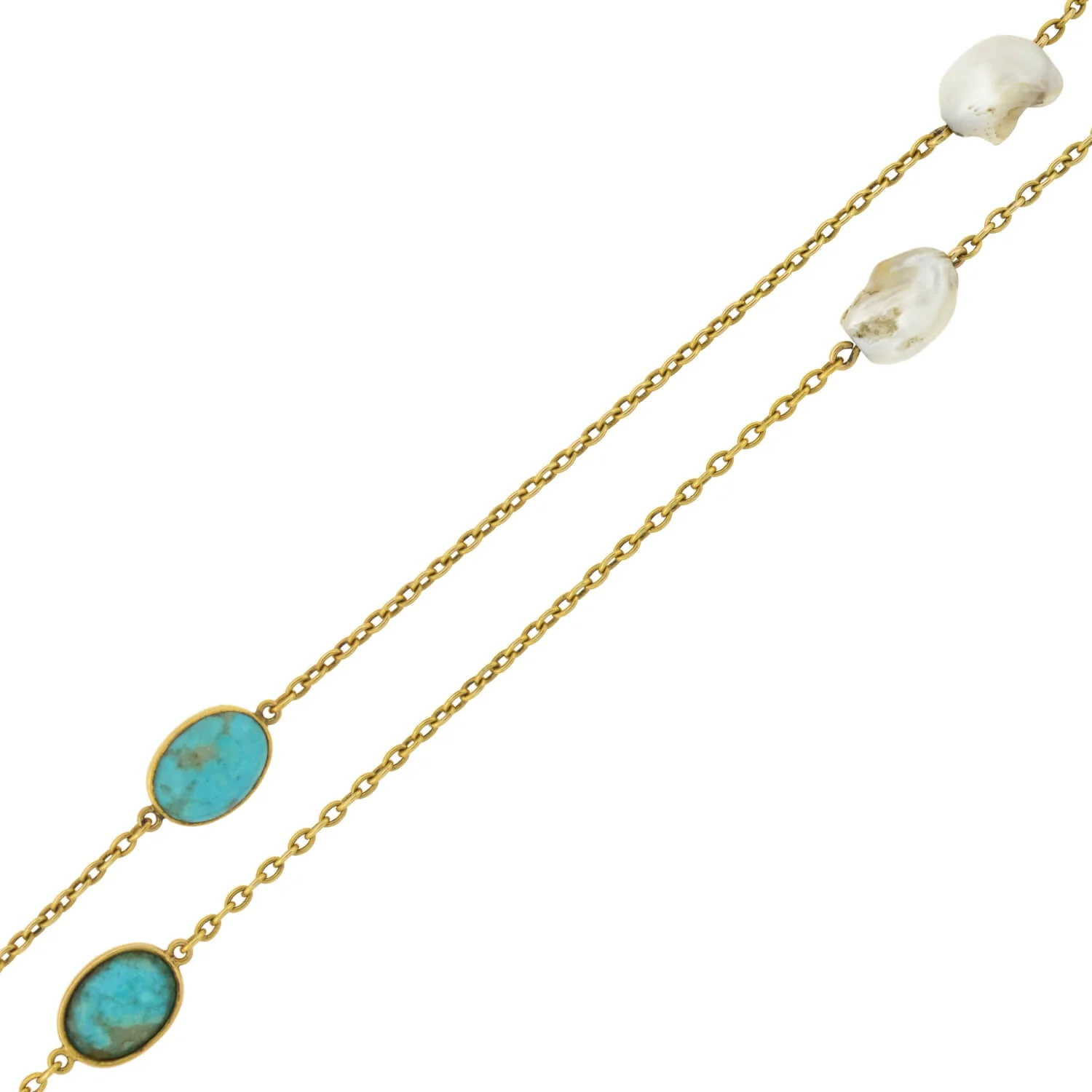 Victorian Long 14kt Turquoise + Mississippi River Pearl Chain Necklace 48" - Image 3