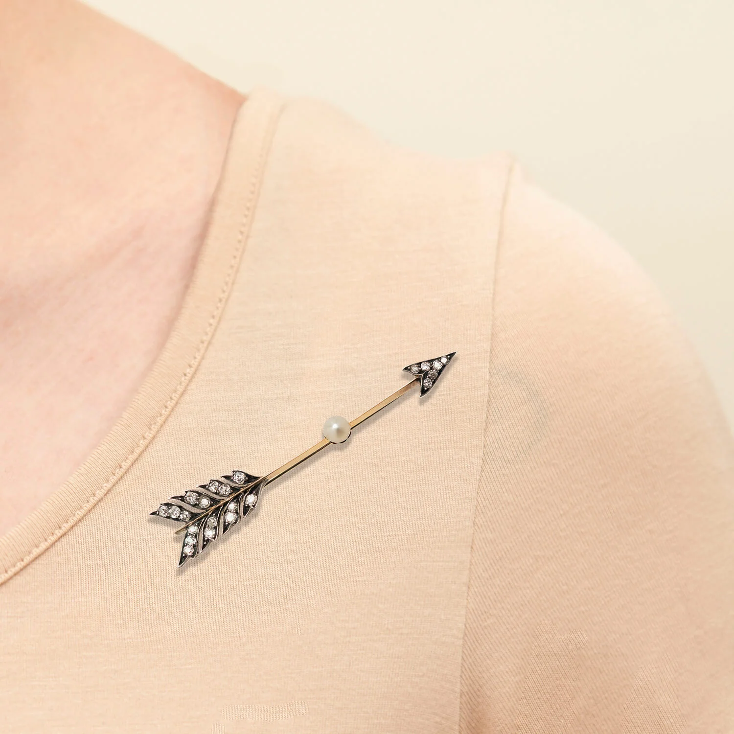Victorian Silver-Topped 15k Pearl + Diamond Arrow Pin - Image 5