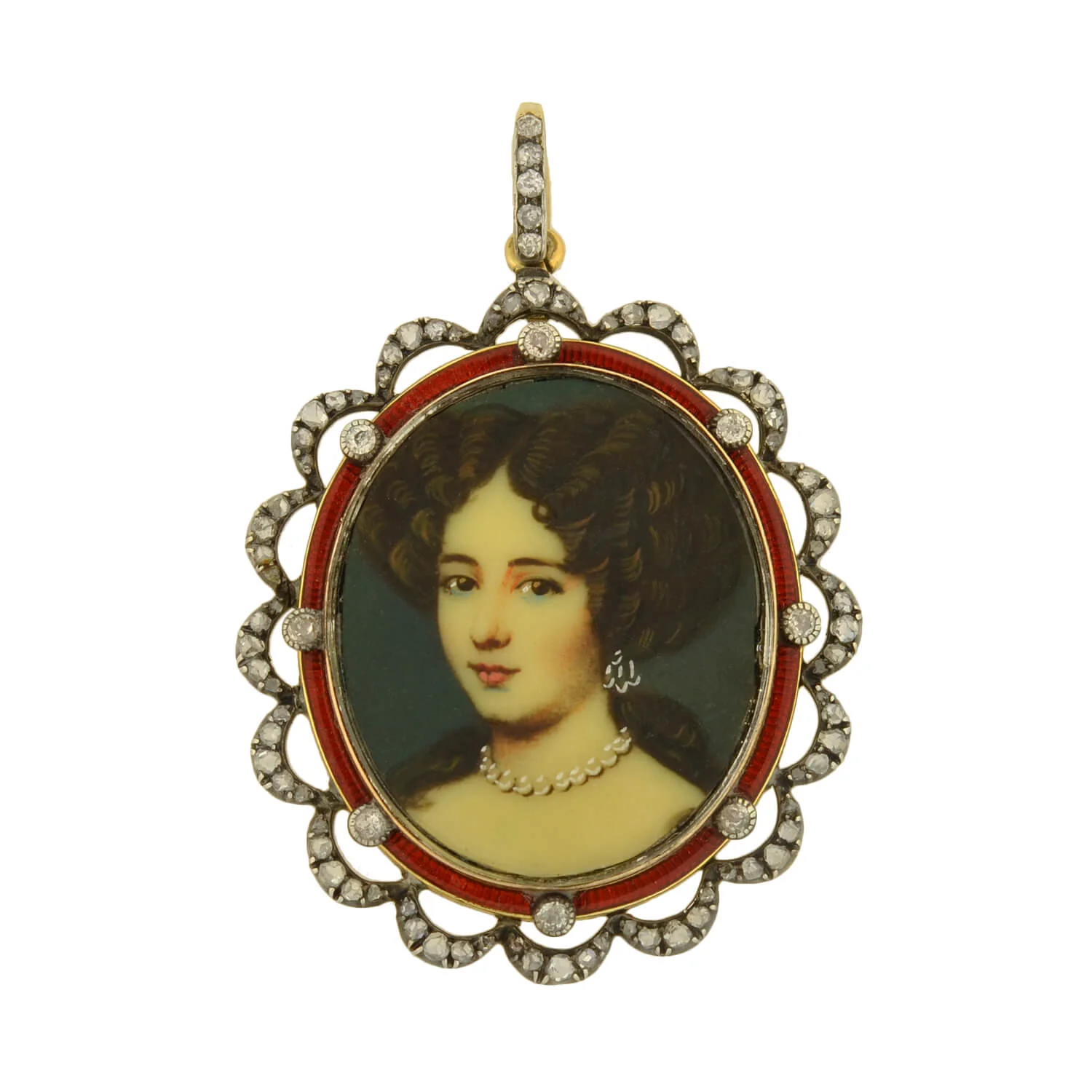 Victorian Sterling/14kt Enameled Diamond + Painted Portrait Locket Pendant