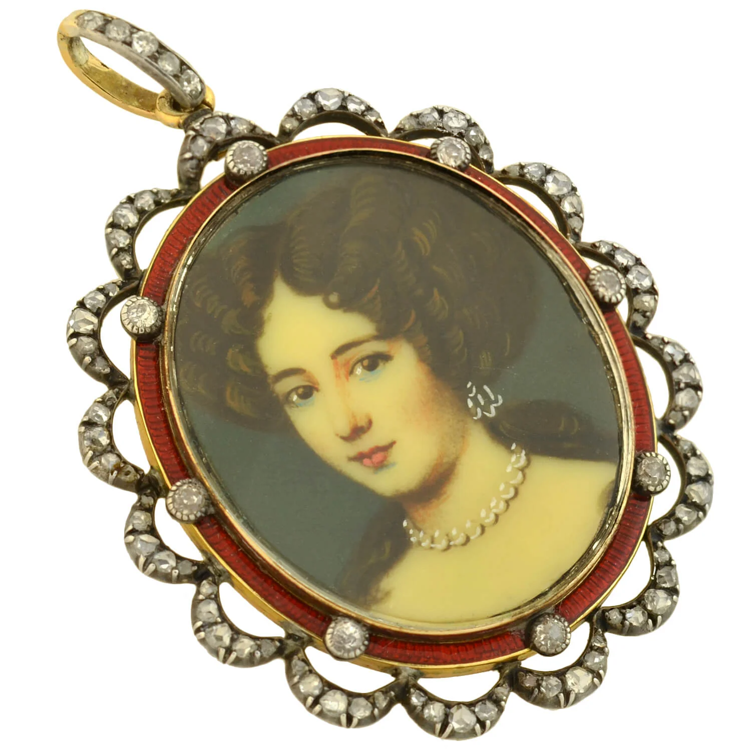 Victorian Sterling/14kt Enameled Diamond + Painted Portrait Locket Pendant - Image 2