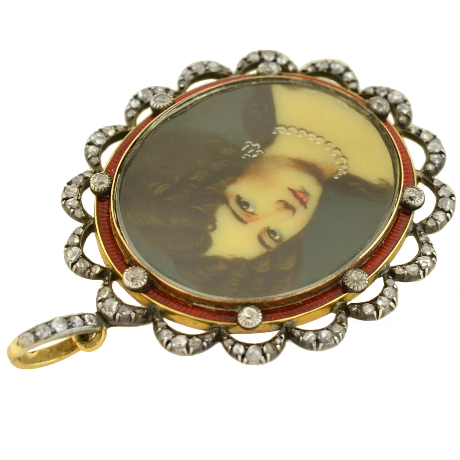 Victorian Sterling/14kt Enameled Diamond + Painted Portrait Locket Pendant - Image 4