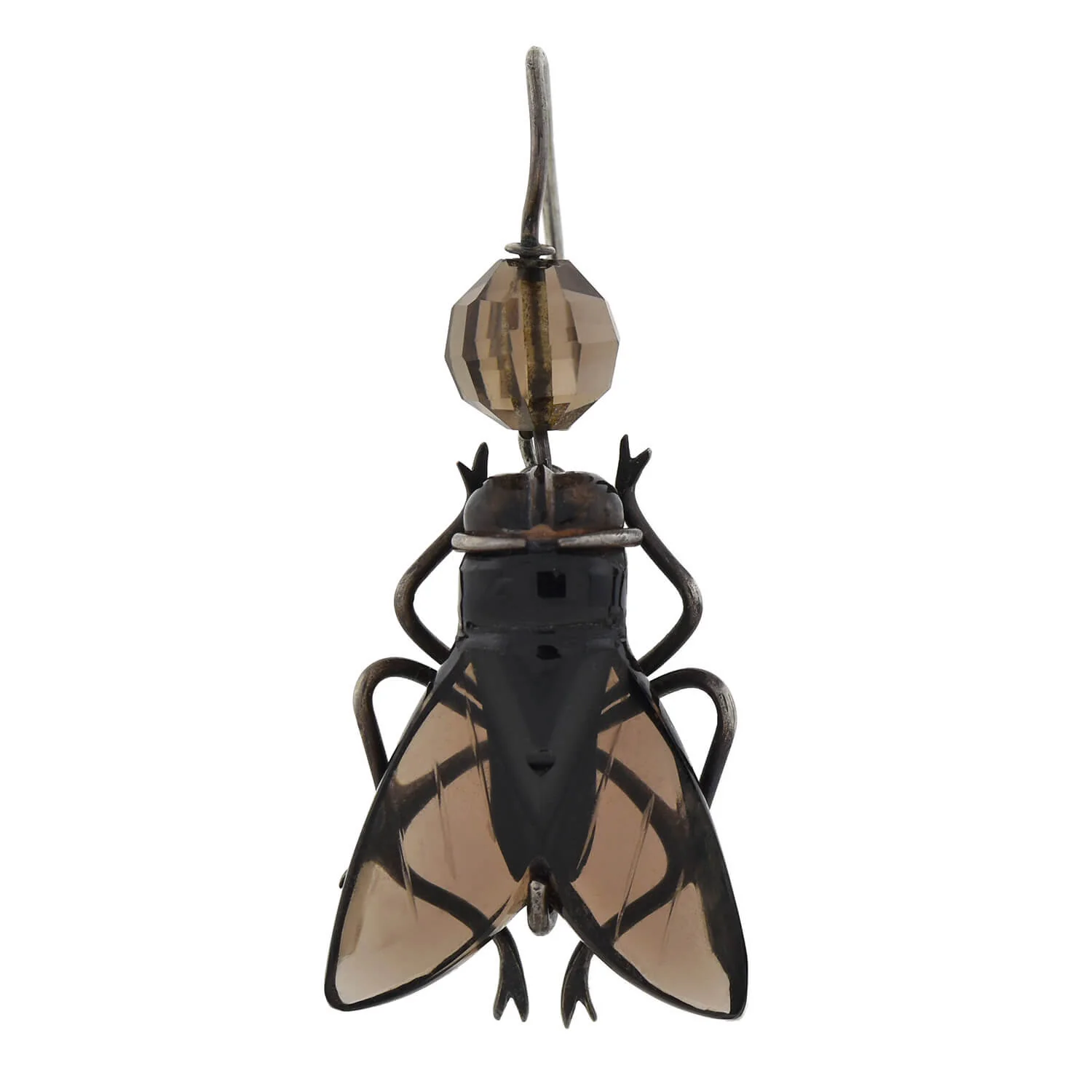 Victorian Sterling Carved Smoky Topaz Flying Insect Earrings - Image 2