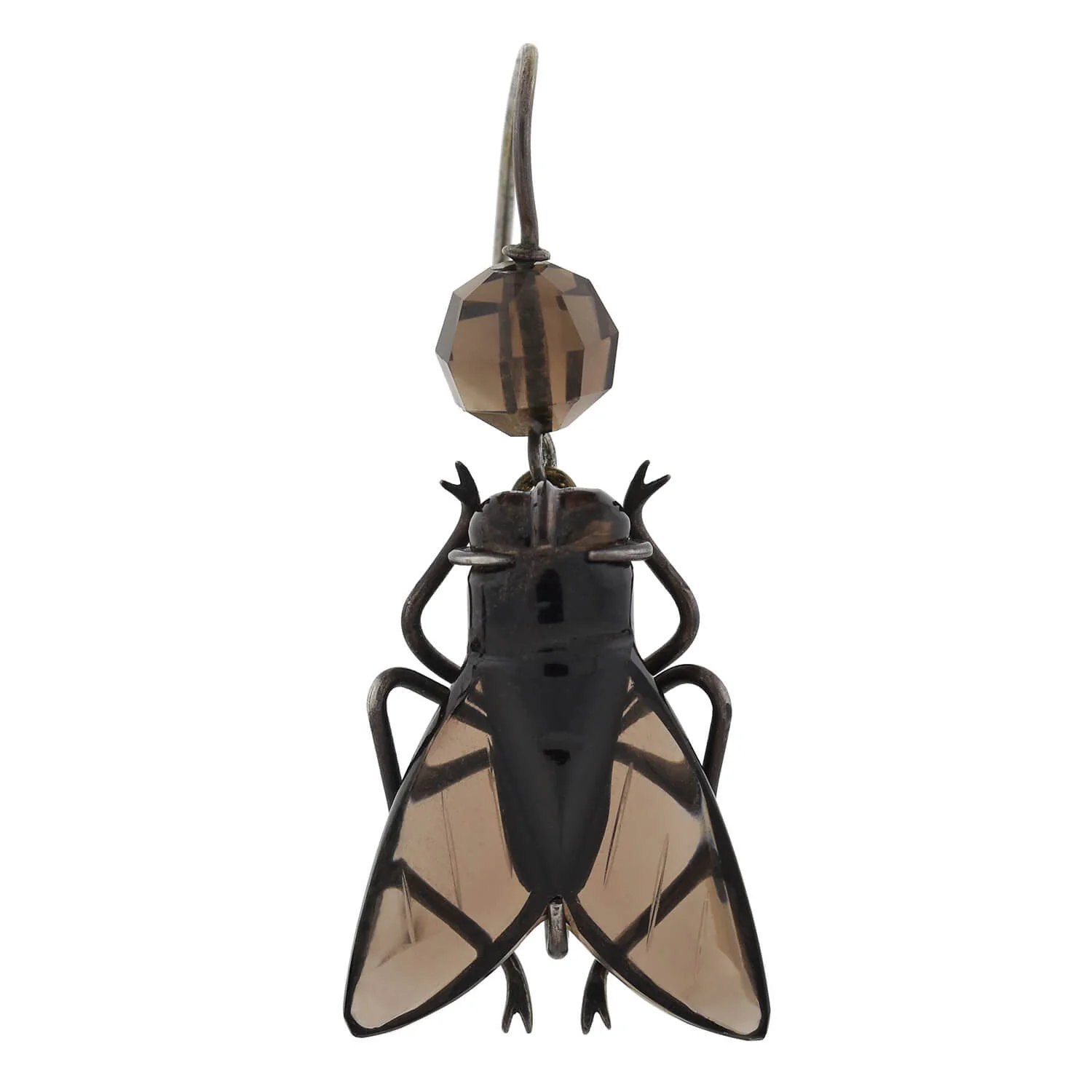 Victorian Sterling Carved Smoky Topaz Flying Insect Earrings - Image 3