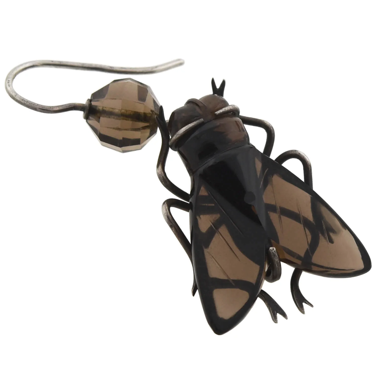 Victorian Sterling Carved Smoky Topaz Flying Insect Earrings - Image 4