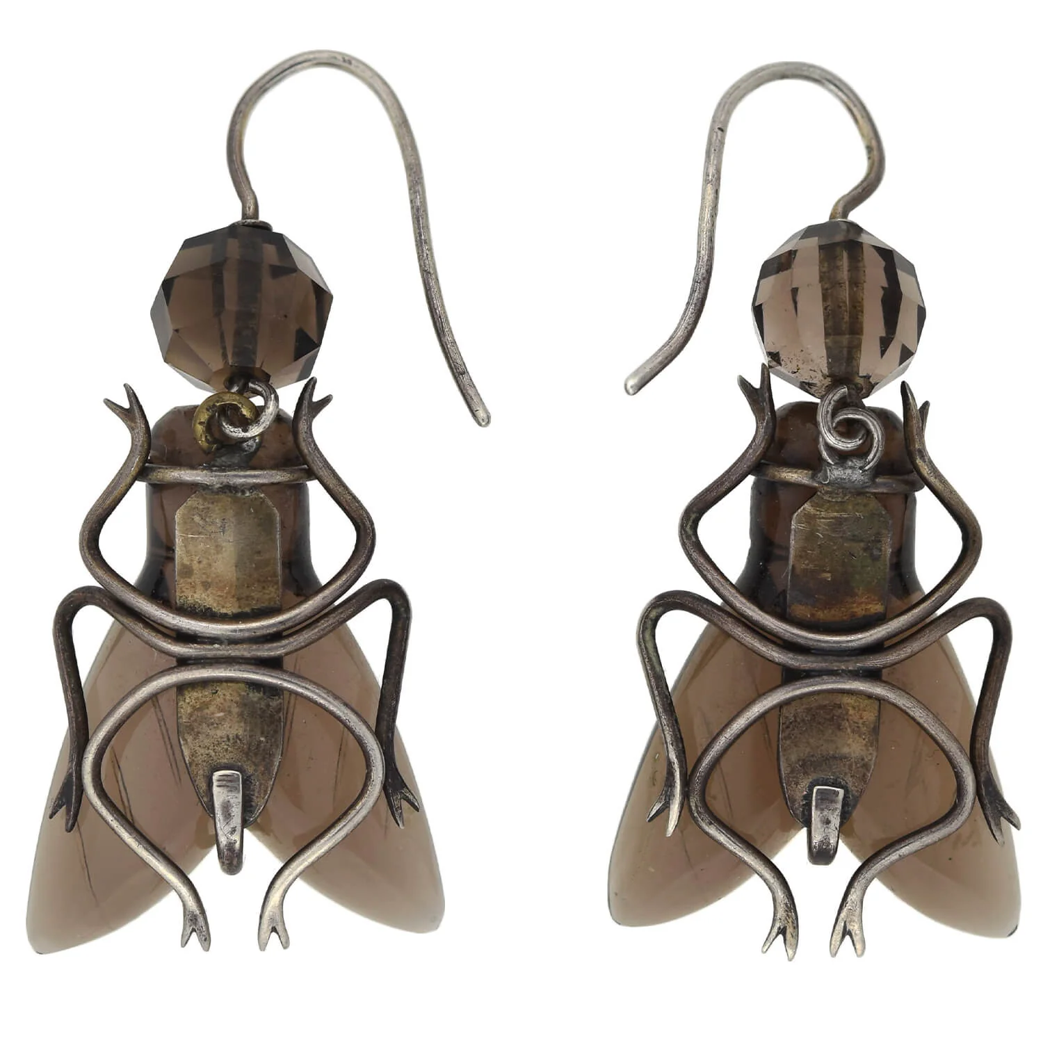 Victorian Sterling Carved Smoky Topaz Flying Insect Earrings - Image 6