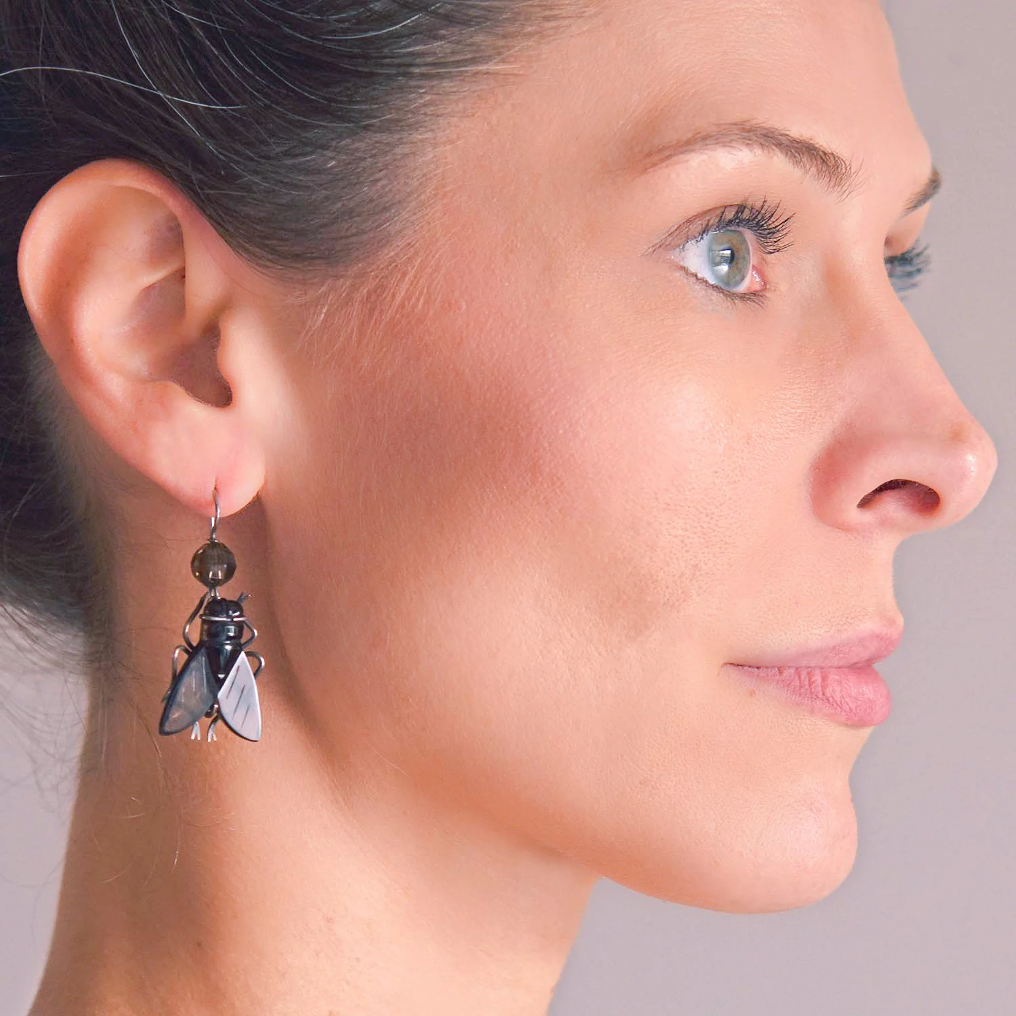 Victorian Sterling Carved Smoky Topaz Flying Insect Earrings - Image 7
