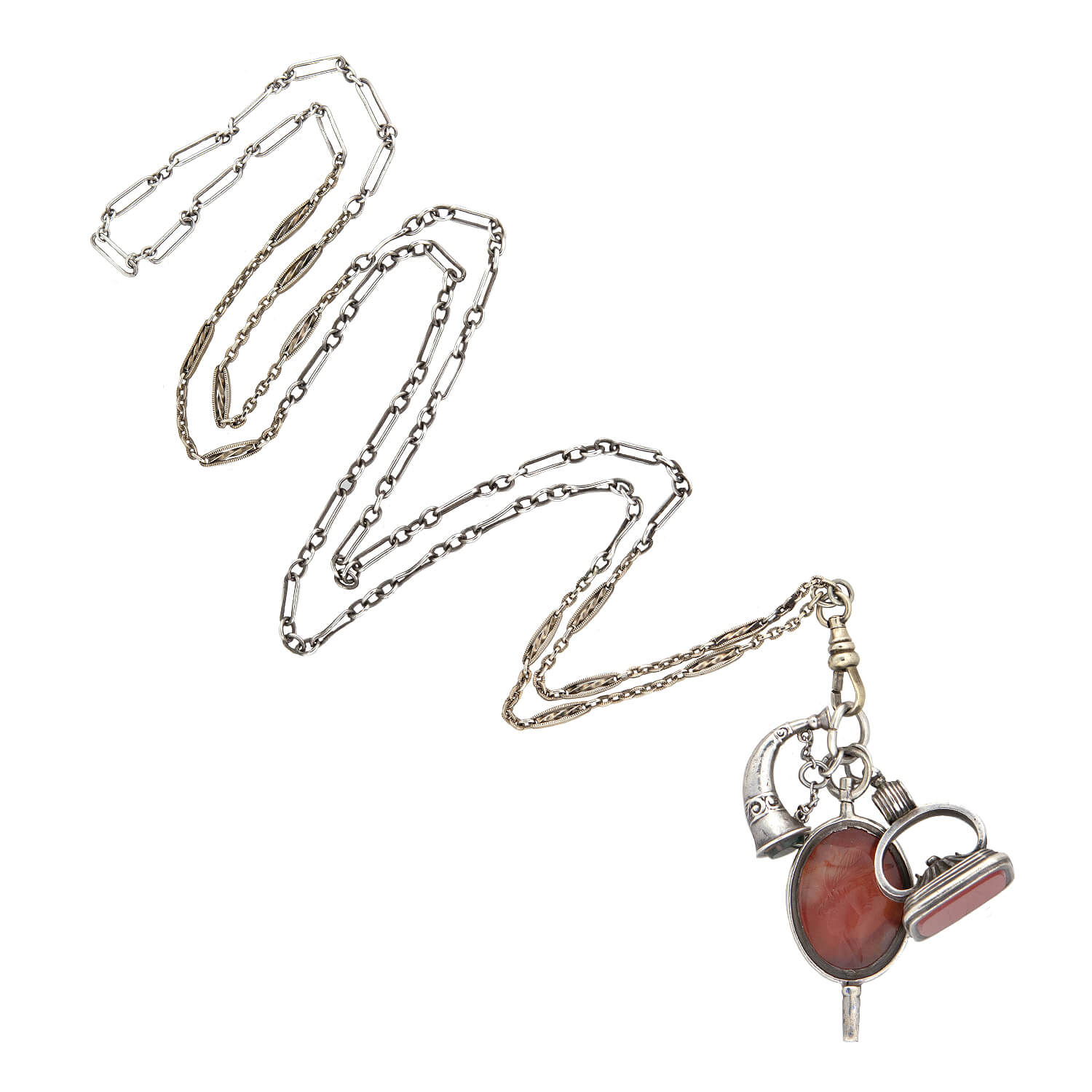 Victorian Sterling/Gold Filled Chain with Bloodstone + Carnelian Fob Pendants Necklace - Image 2