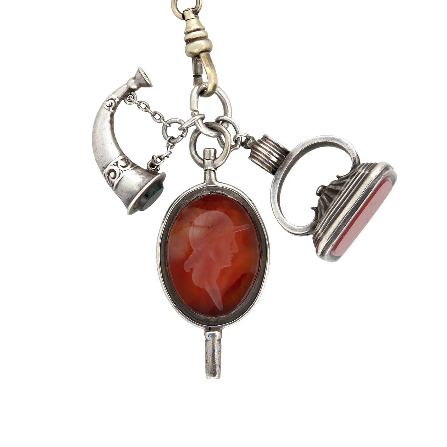Victorian Sterling/Gold Filled Chain with Bloodstone + Carnelian Fob Pendants Necklace - Image 3
