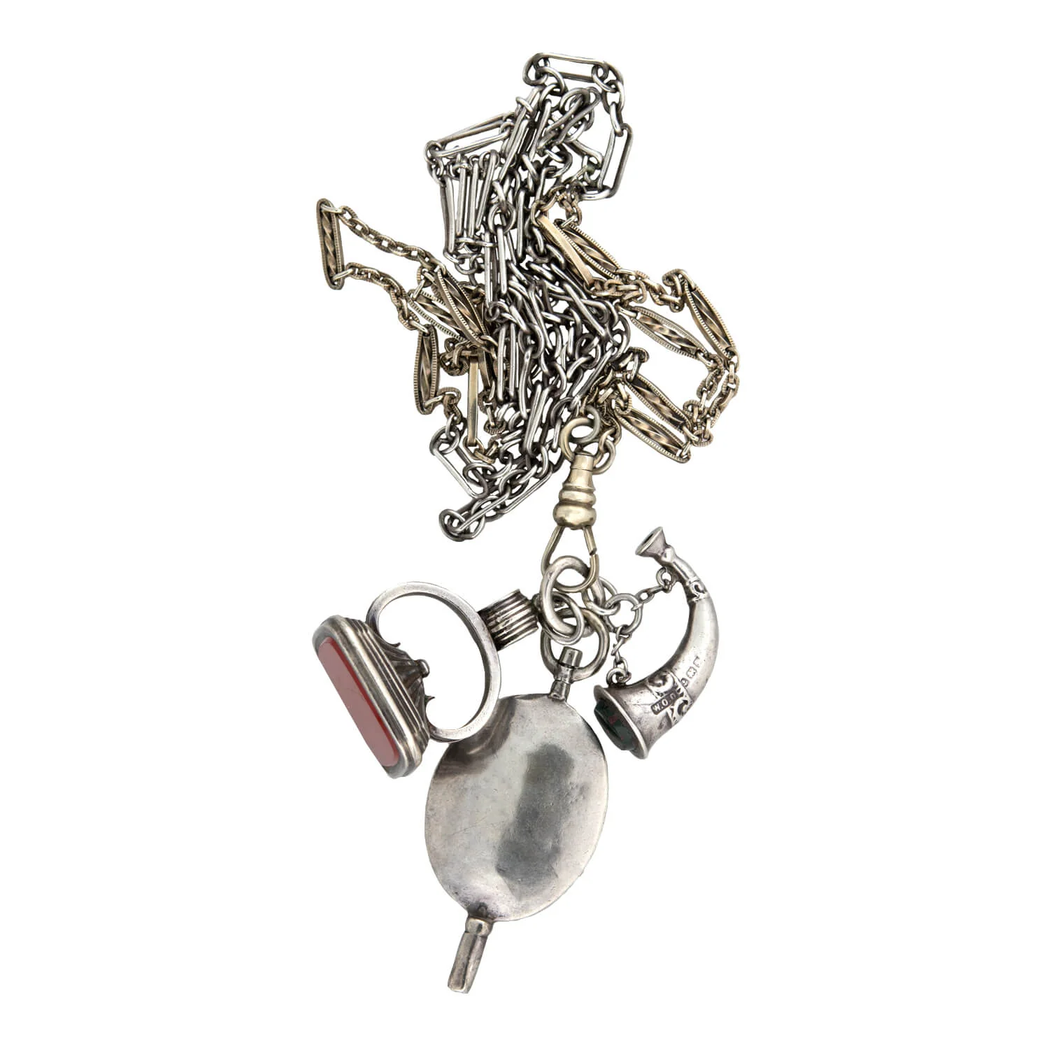 Victorian Sterling/Gold Filled Chain with Bloodstone + Carnelian Fob Pendants Necklace - Image 6