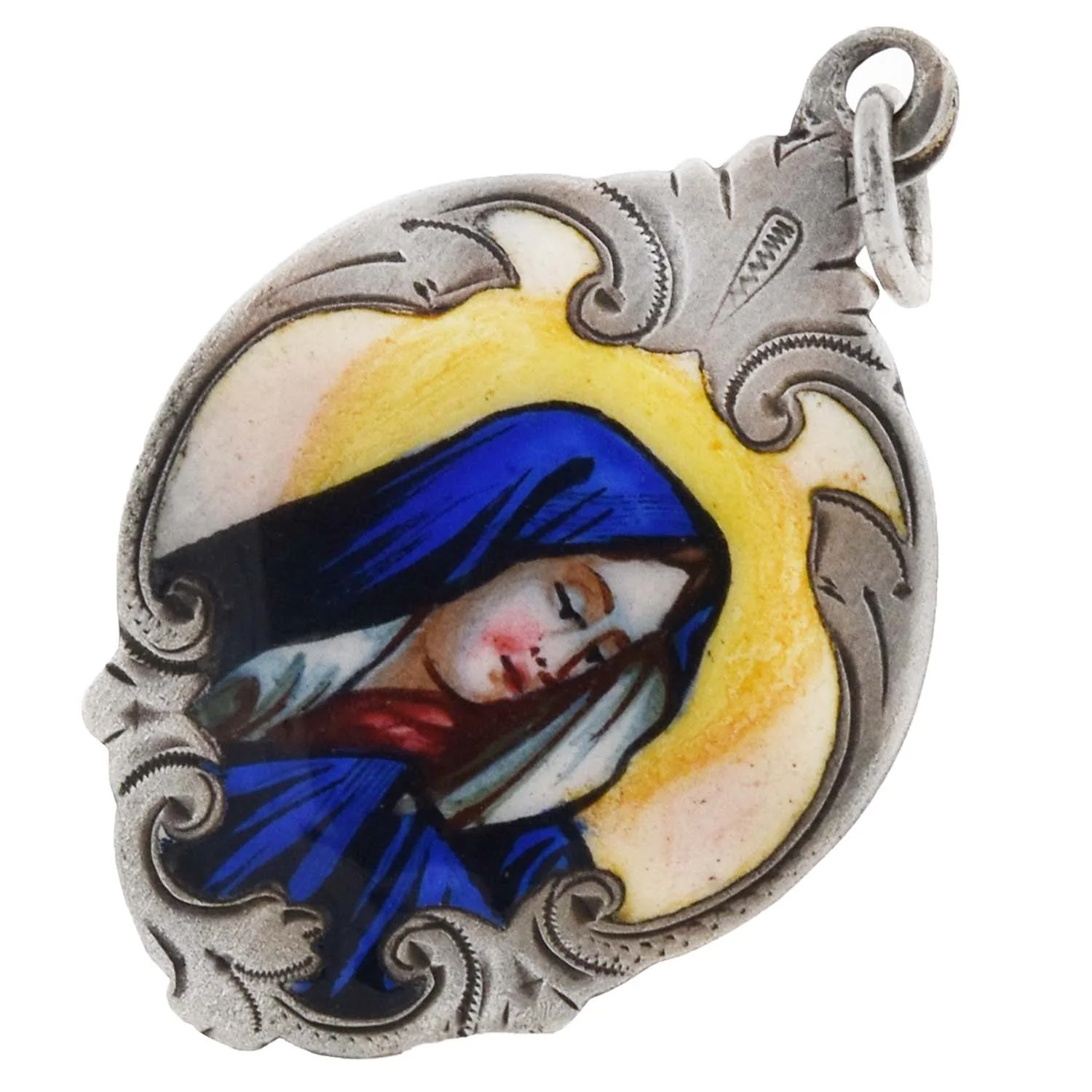 Victorian Sterling Hand Painted Enamel Virgin Mary Pendant - Image 2