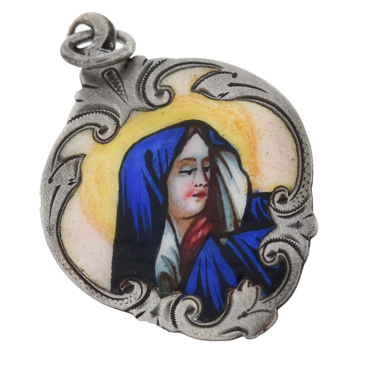 Victorian Sterling Hand Painted Enamel Virgin Mary Pendant - Image 4