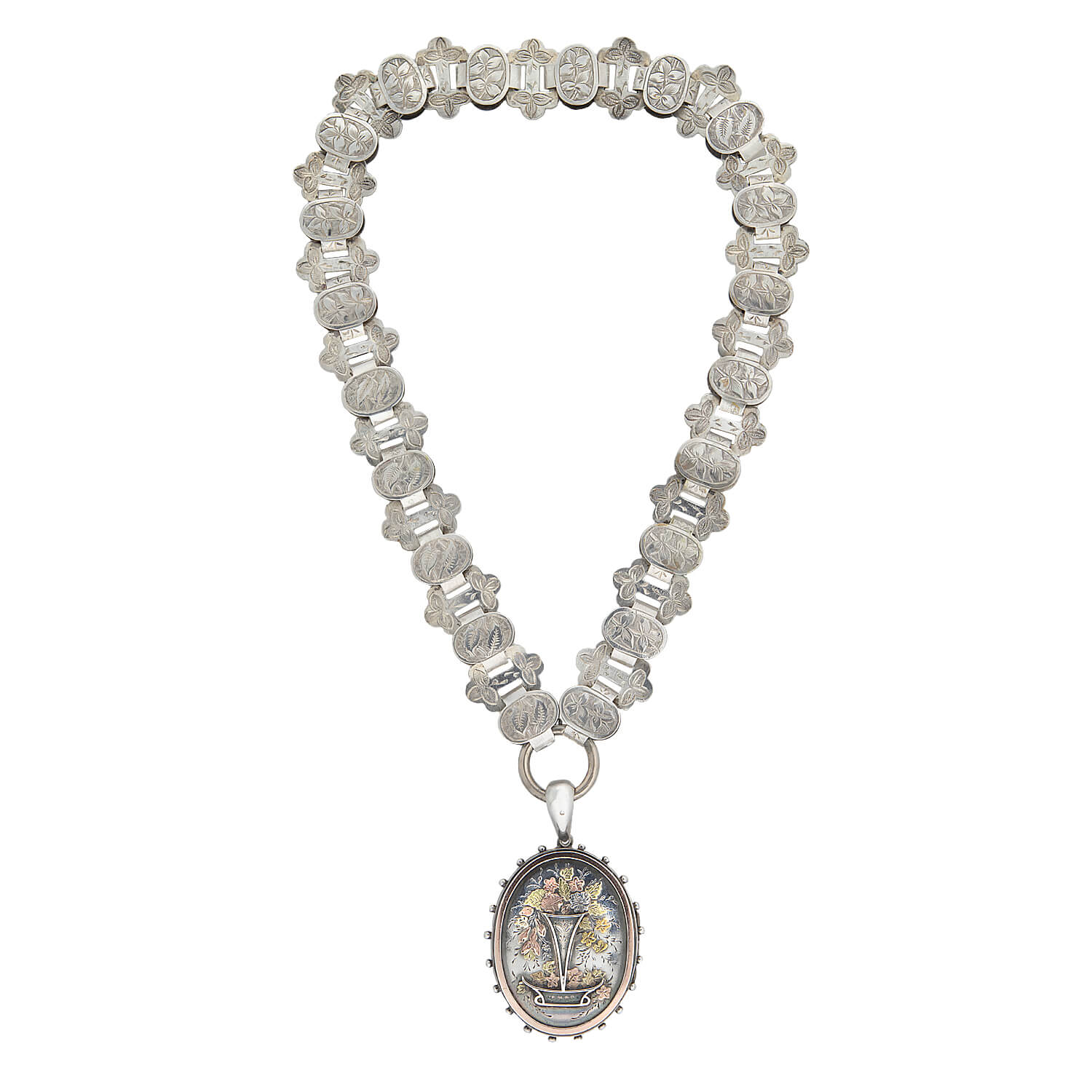 Victorian Sterling Mixed Metals Flower Locket + Book Chain Necklace - Image 2