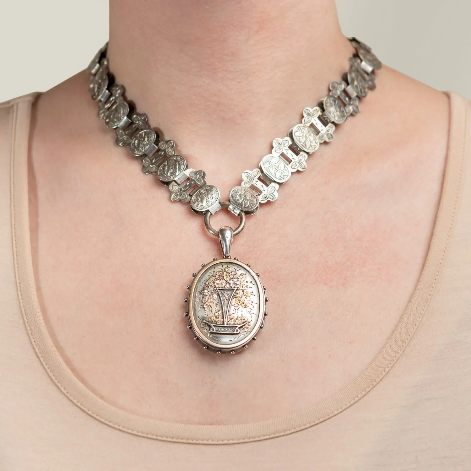 Victorian Sterling Mixed Metals Flower Locket + Book Chain Necklace - Image 8
