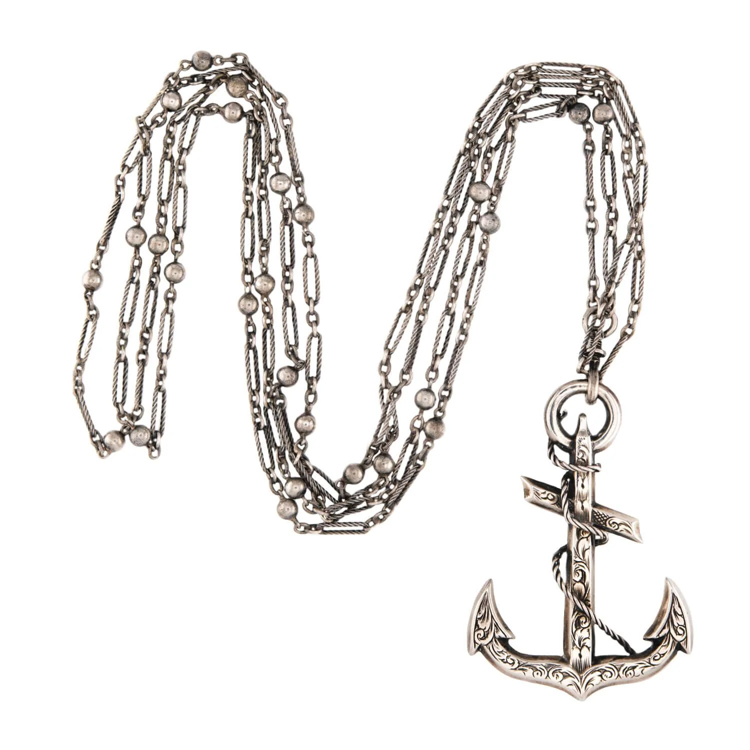 Victorian Sterling Silver Anchor Pendant Necklace 62" - Image 2