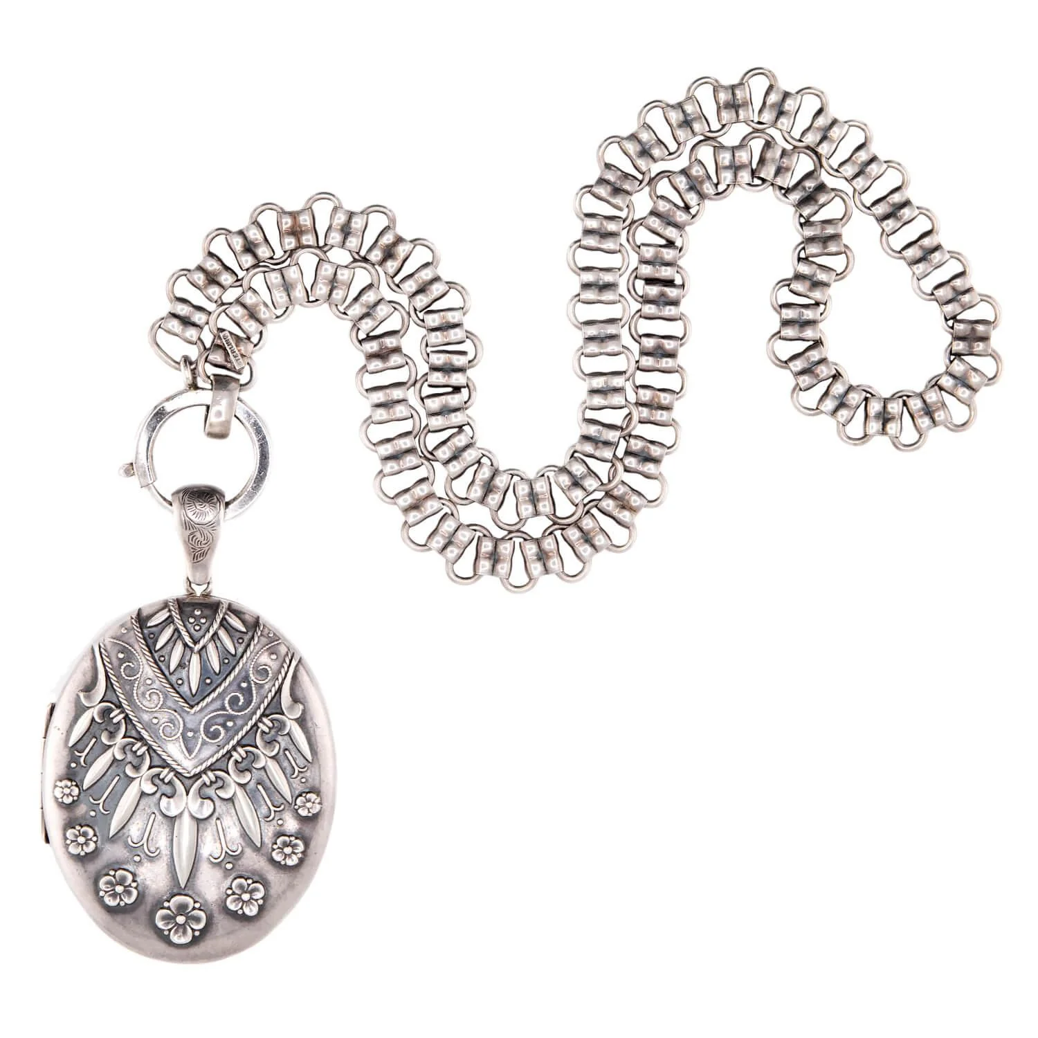 Victorian Sterling Silver Book Chain & Repoussé Locket Pendant Necklace - Image 2