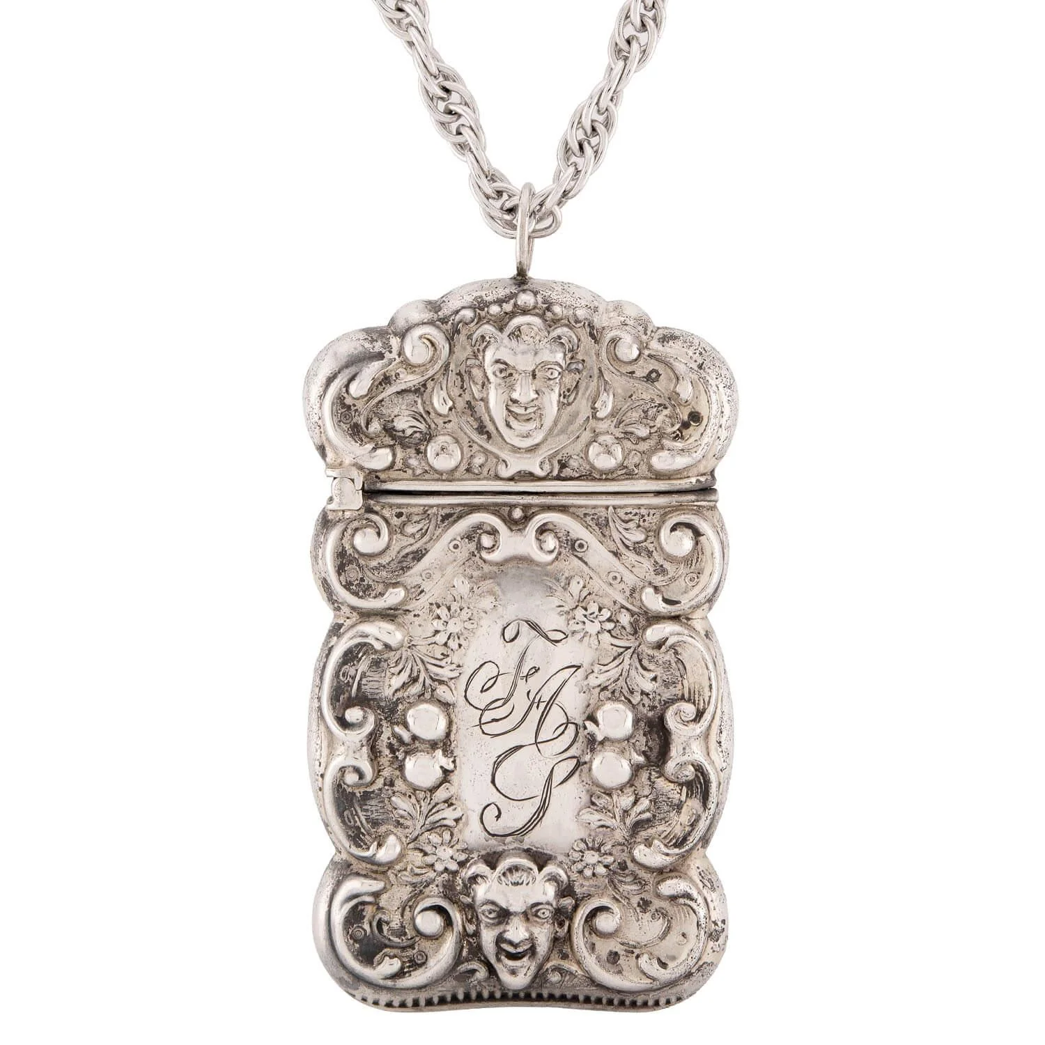 Victorian Sterling Devil Repoussé Match Safe Necklace